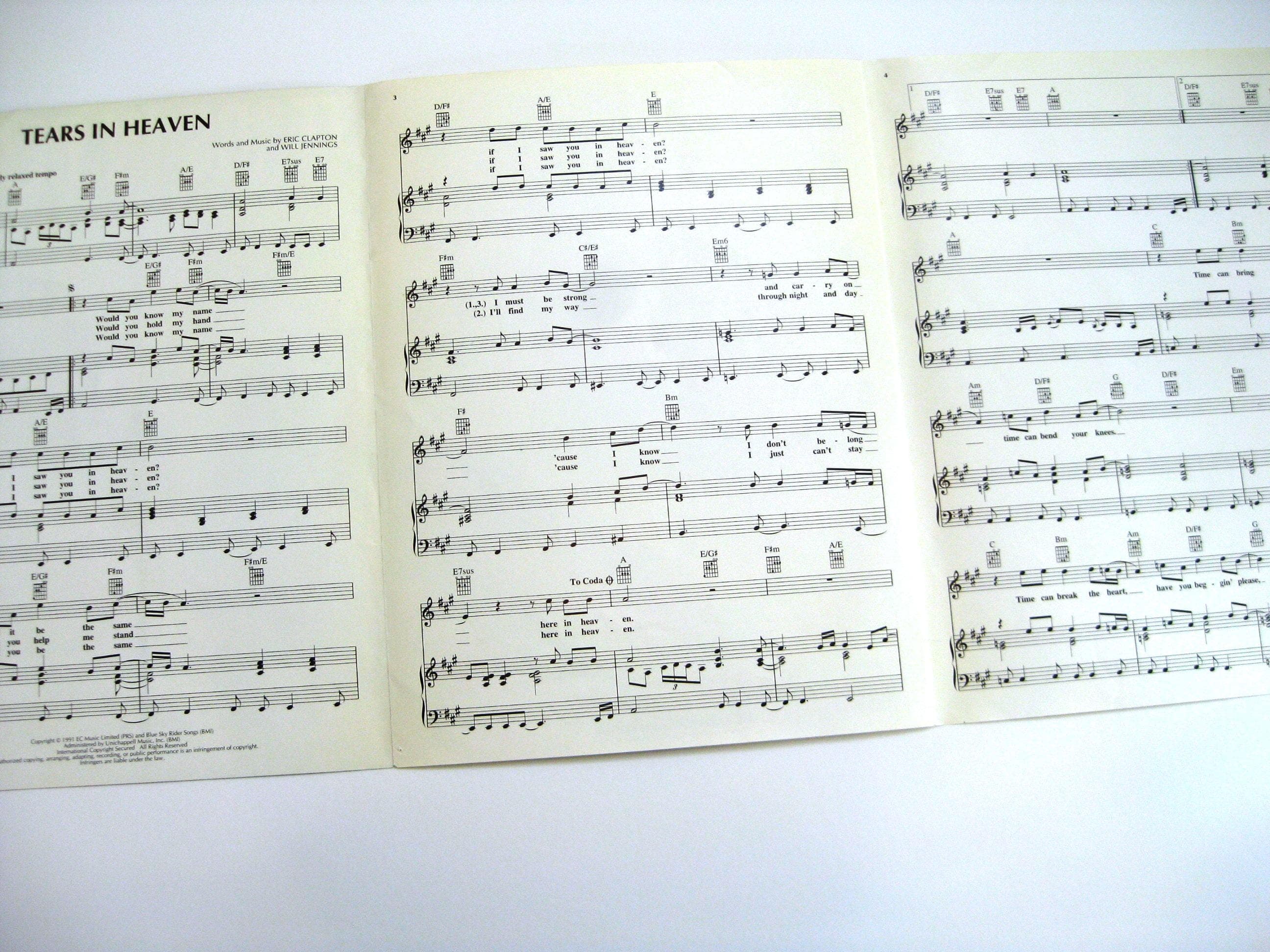 Vintage 1991 Tears in Heaven Sheet Music: Eric Clapton Piano/Vocal/Guitar, 1991 - image 3