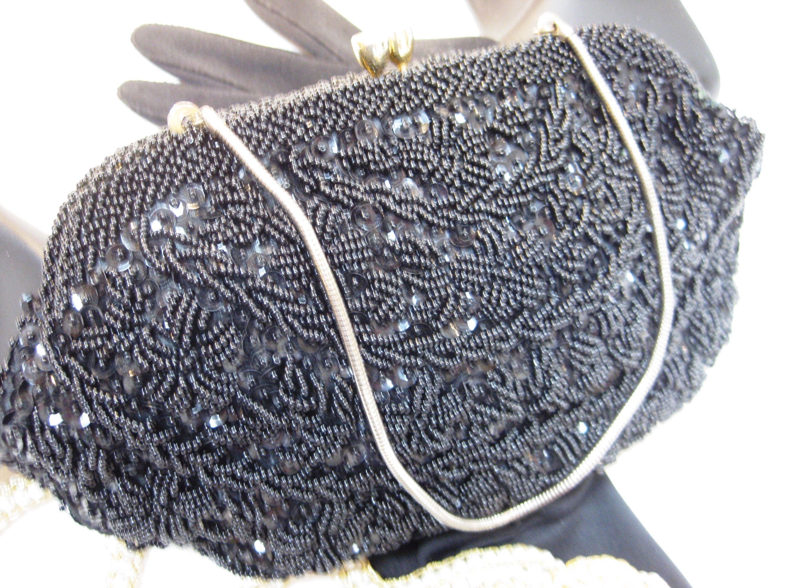 Beaded Evening Bag, Designer YUNG KEE, Hong Kong, Beads & Black Sequins, Vintage - image 4