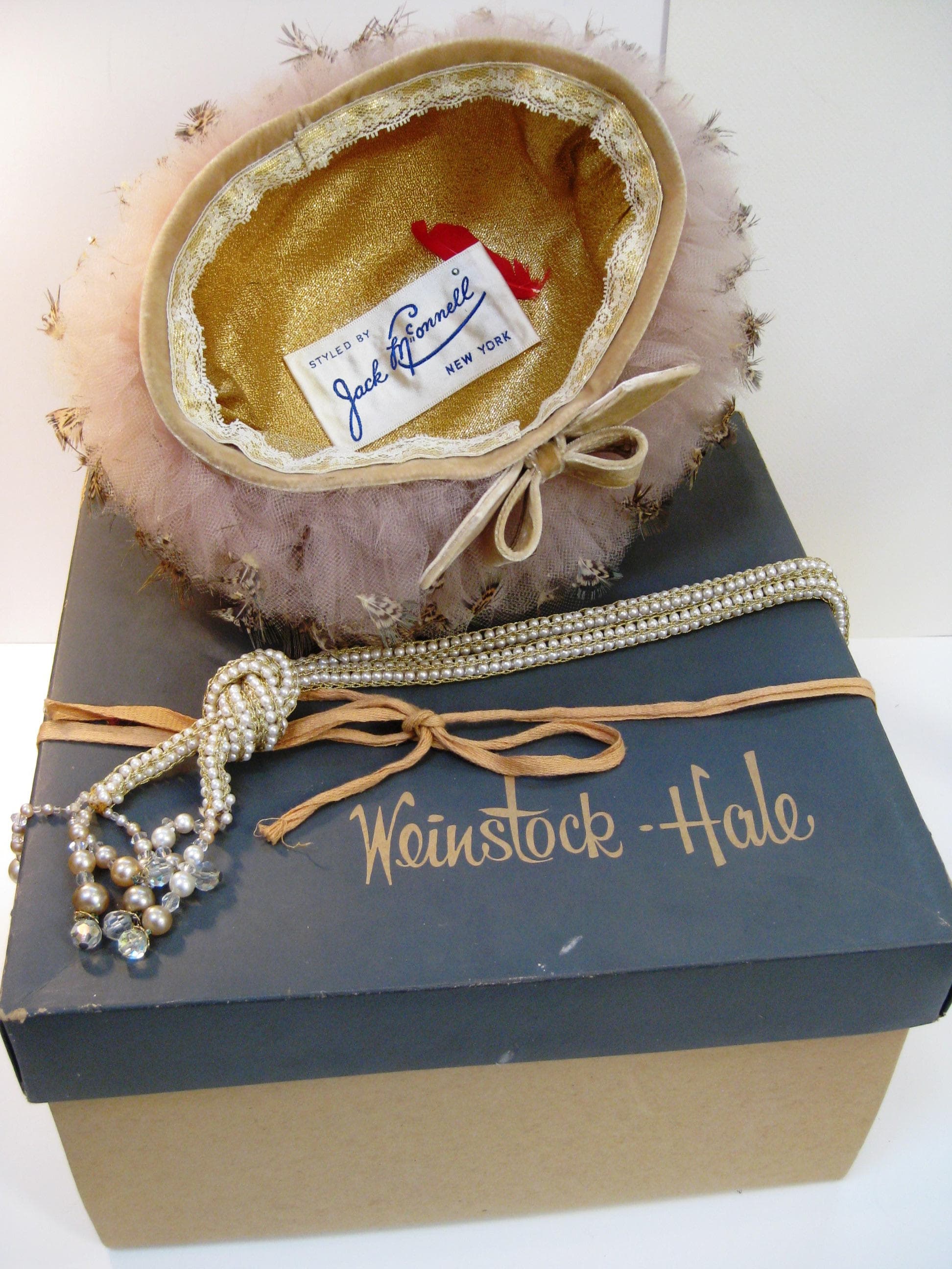 Couture Hat, Jack McConnell Red Feather, Gold Lace, Vintage Millinery, Weinstock-Hale Hat Box - image 5