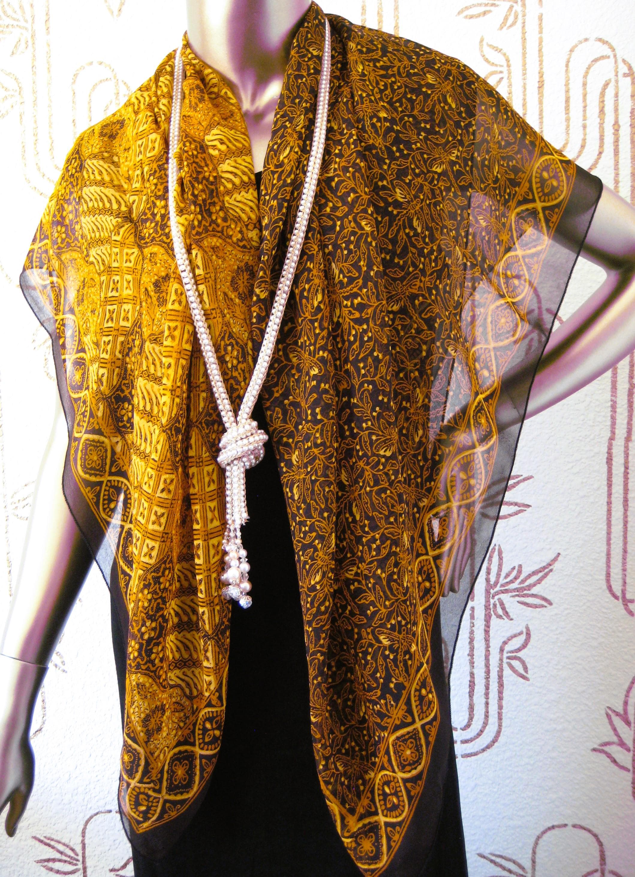 Chiffon Square Scarf, Black and Golden Yellow Pattern, Estate Find, Square (43x42 Inches) - image 4