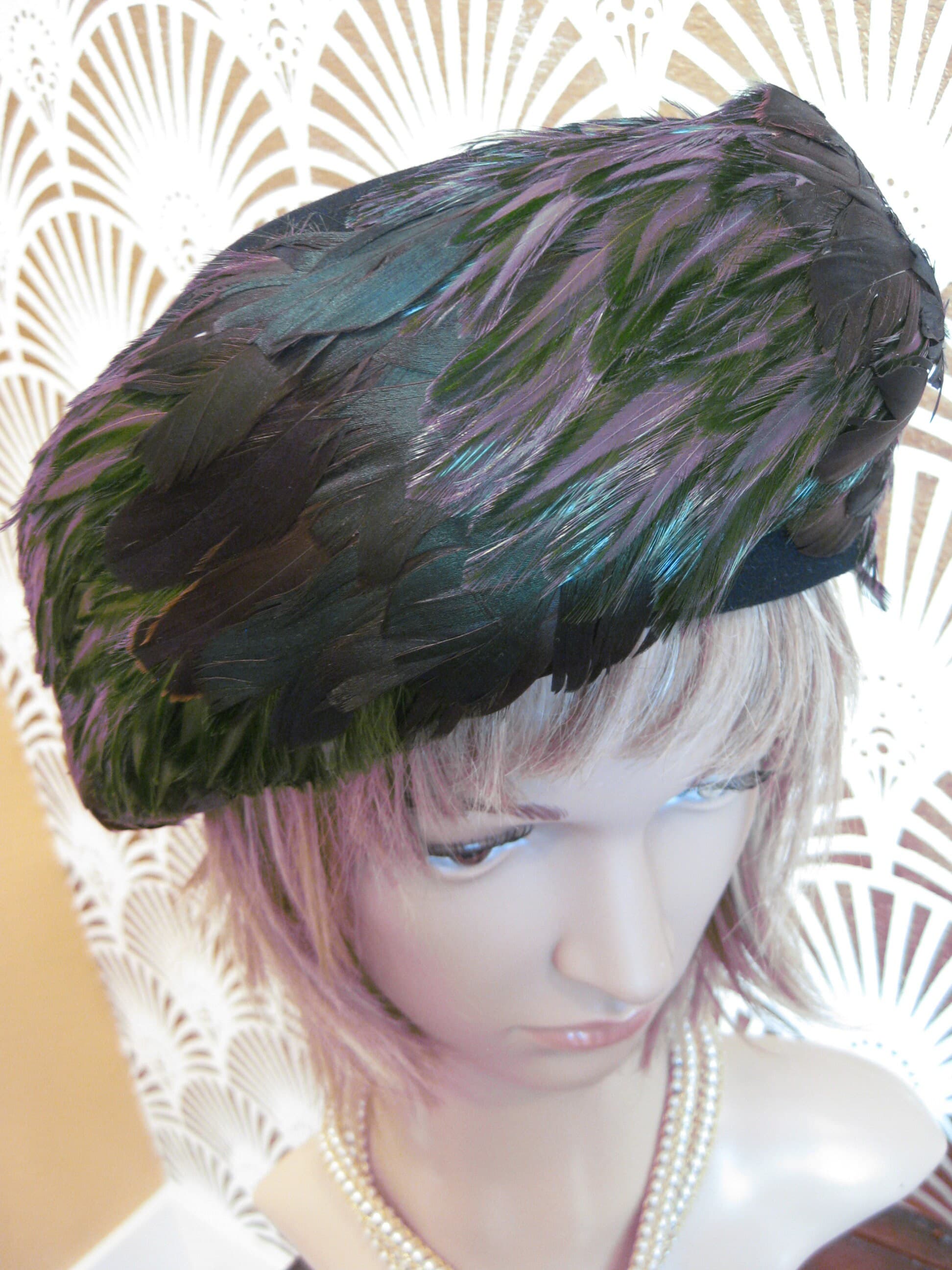 Hat, Feathered Pillbox, Black Wool Felt, MYSHA B. Michael, Vintage - image 5