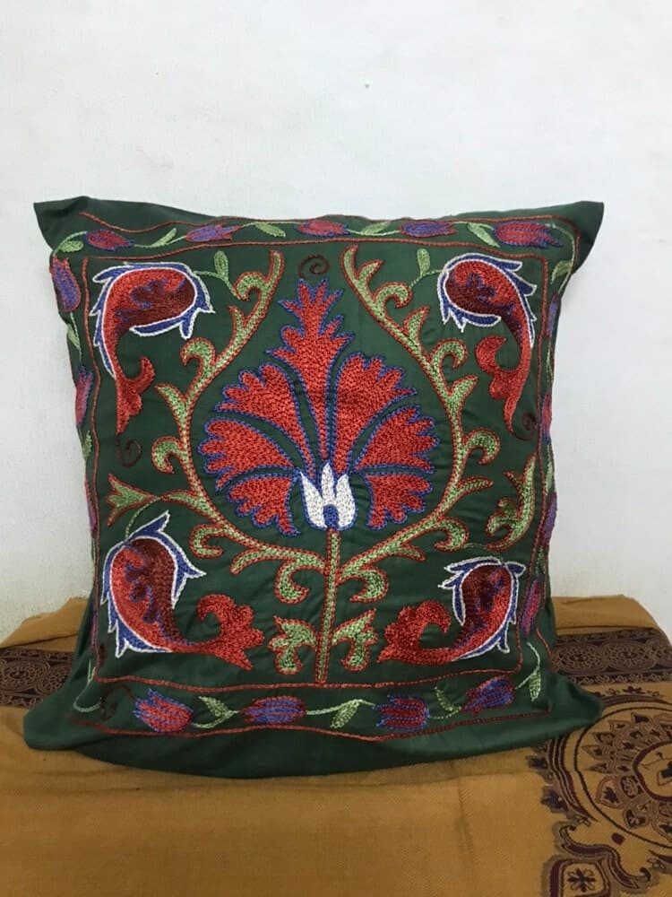 Vintage suzani pillow cover handmade embroidery Bohemian Uzbekistan Cushion Home Sofa Room Decor Green flower Tribal Couch Case ethnic Uzbek