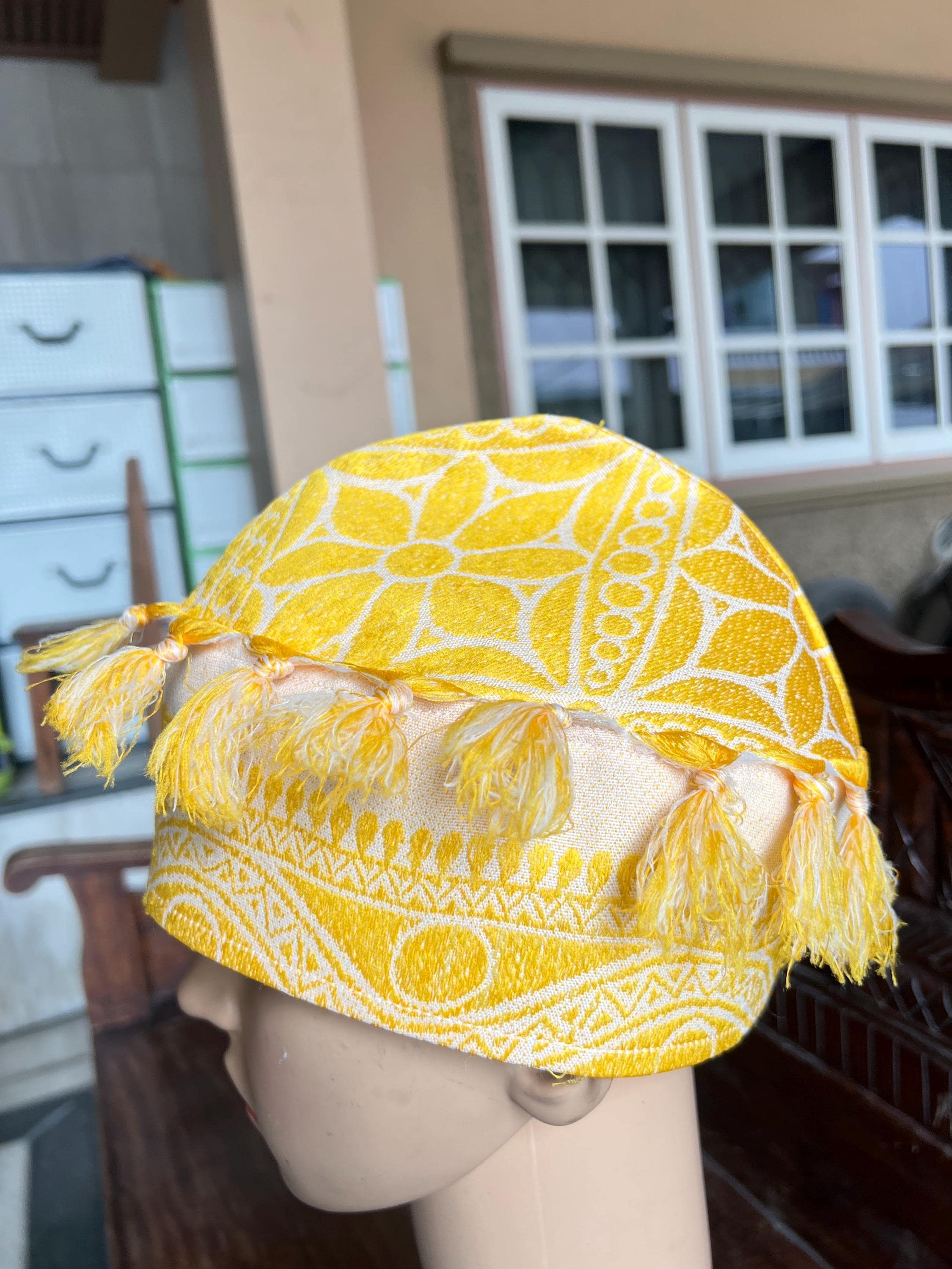 Handmade Islamic Kufi Prayer Sufi Hat Dome Shaped Uzbek Men Inspired Muslim Cap with Gold Color Tassels for Salah and Cultural Wear Size 22