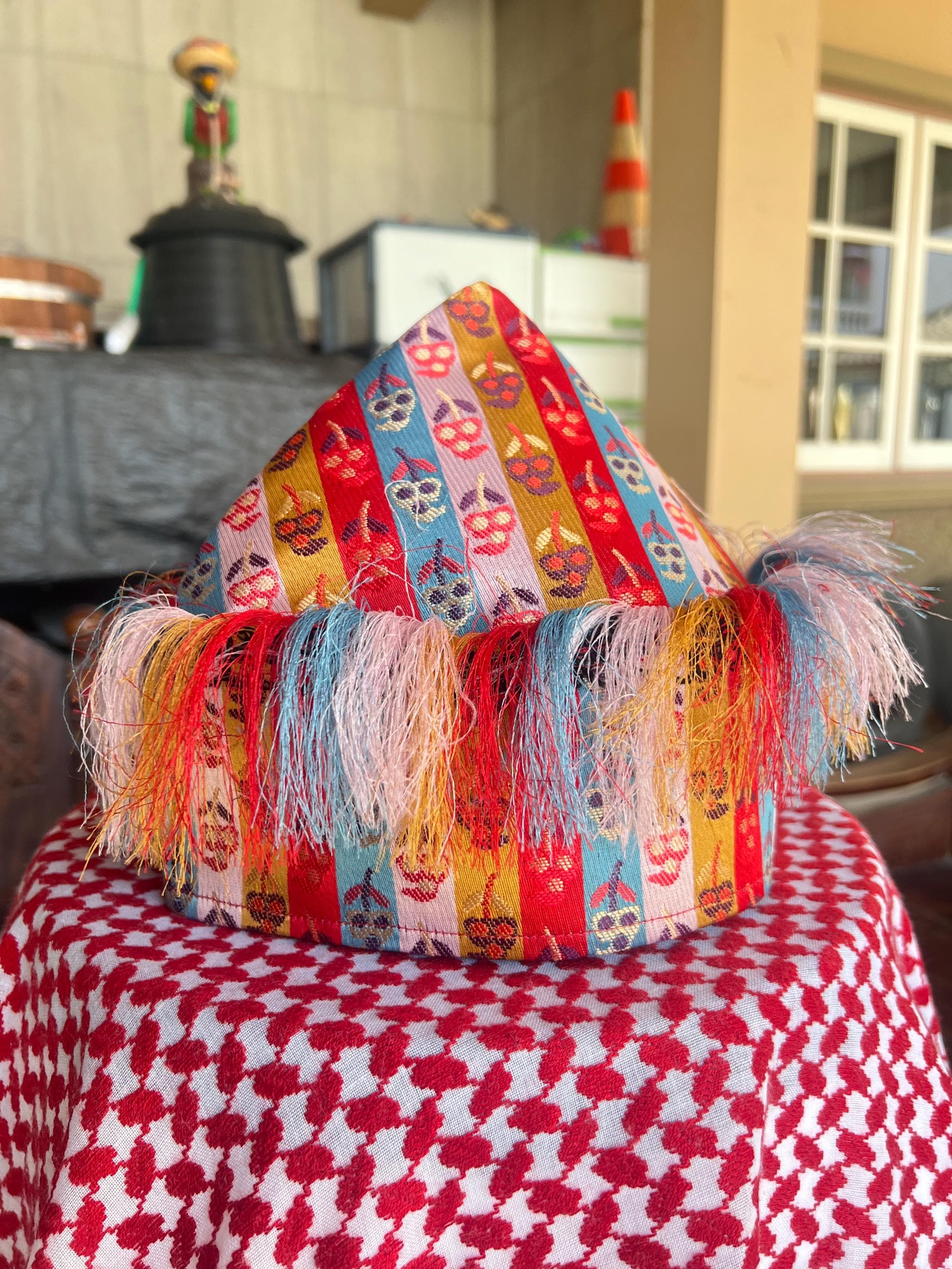 Handmade Islamic Kufi Prayer Sufi Hat Dome Shaped Uzbek Men Inspired Muslim Cap with Colorful Tassels for Salah and Cultural Wear Size 24