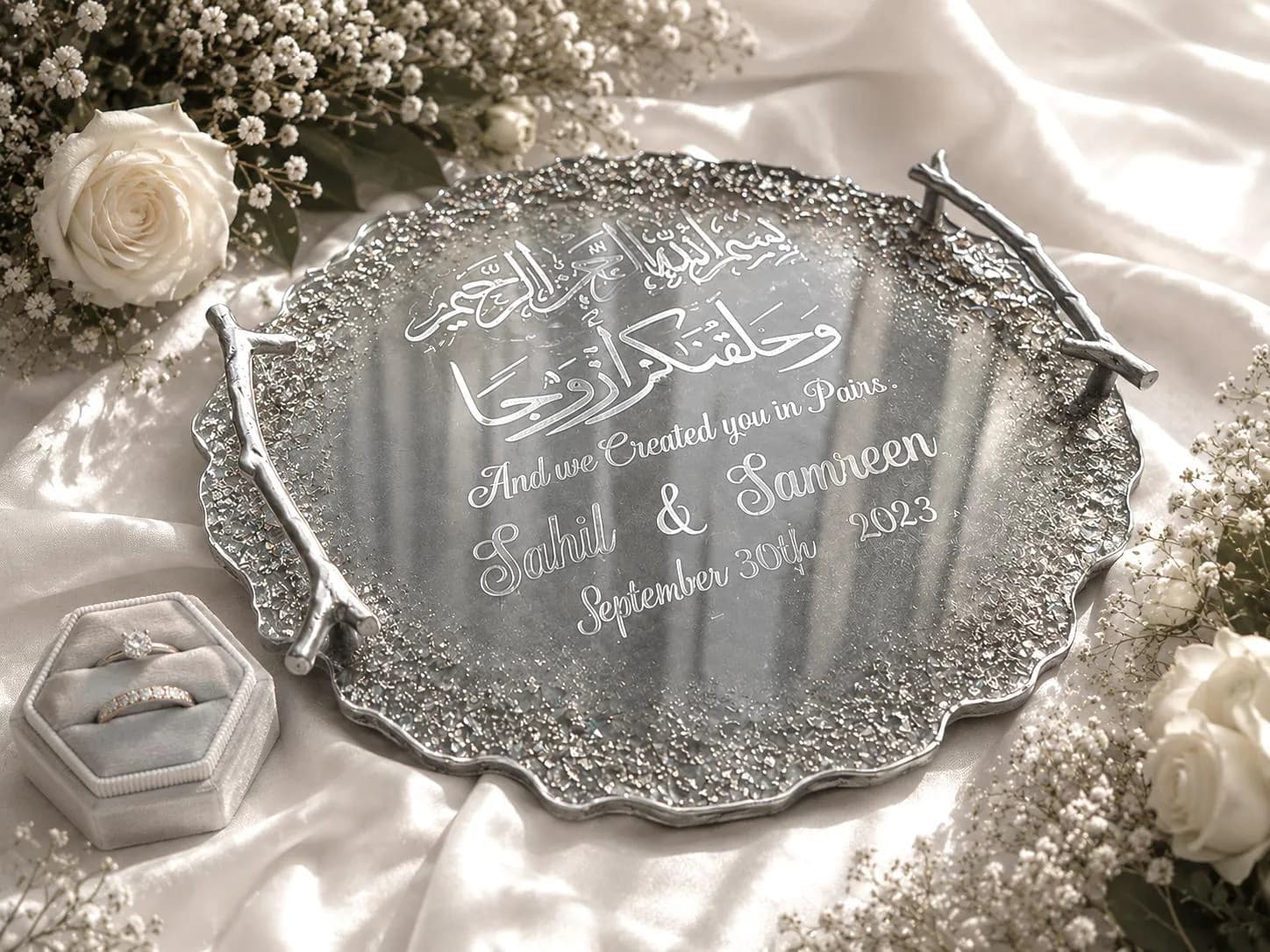 Silver Wedding Tray|Nikkah Tray|Engagement Tray|Silver Wedding Decor|Silver Platter|Resin Tray with Handles|Personalized Gift|Silver Tray