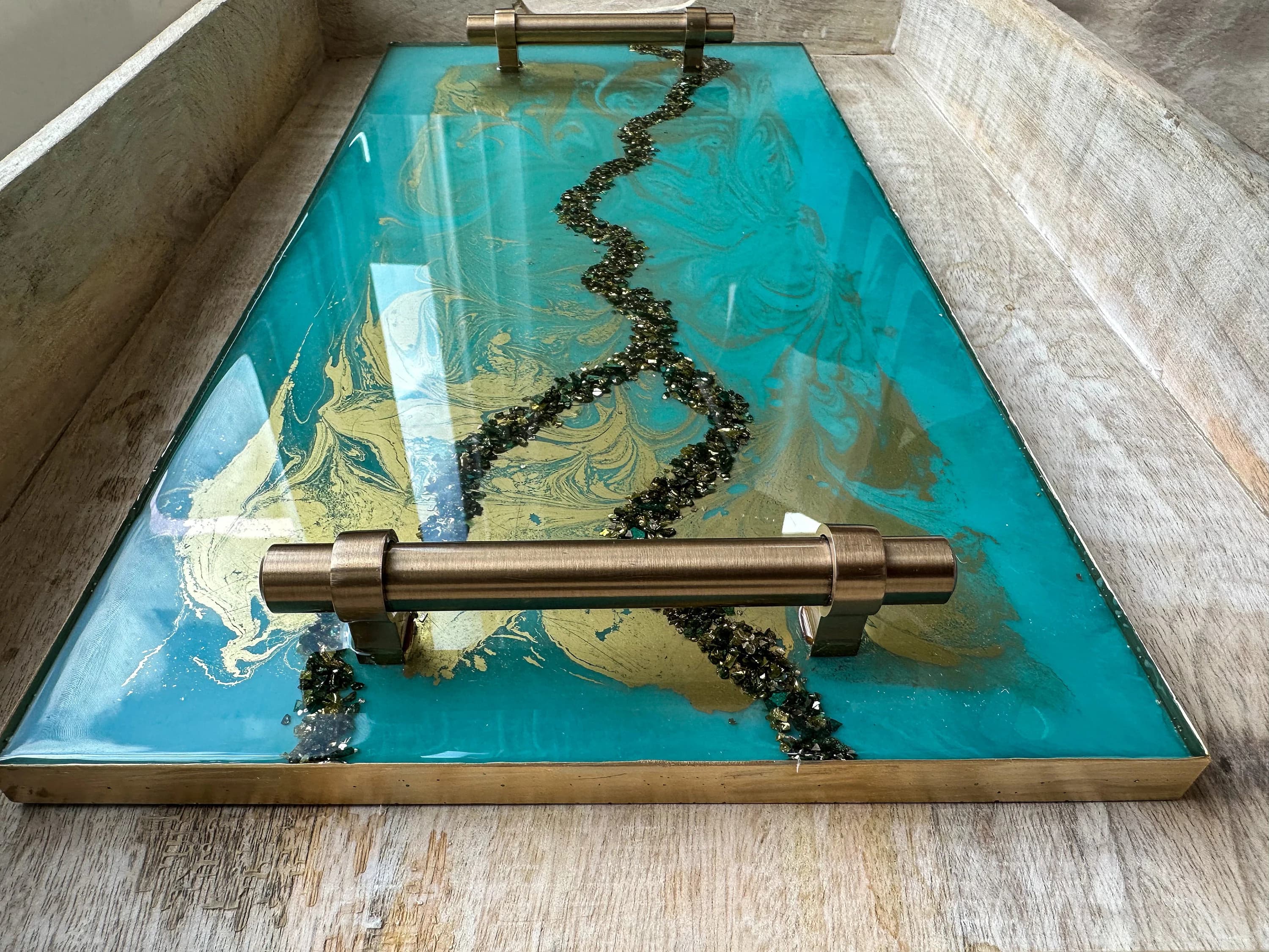 Teal Gold Tray|Turquoise Tray with Handles| Wedding Tray|Brass handle tray|Gold Turquoise Decor|Bridal Tray|Wedding theme gift|Luxury Tray