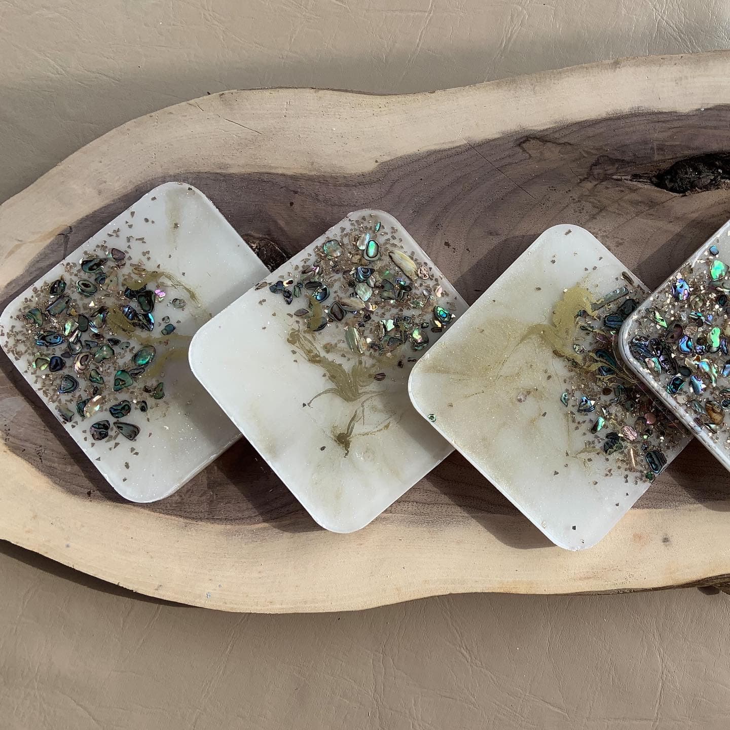 Resin coasters | Set of 4 | handmade gift| Abalone shell art| paua shell coasters|coastal decor|Ocean waves decor|sea art| ocean art| resin - image 3