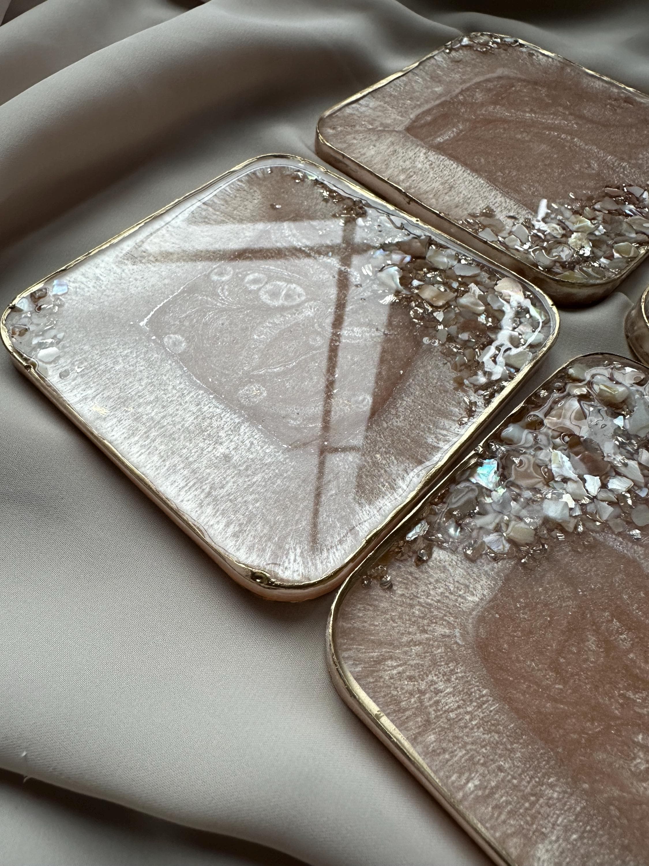 Coral Shell resin coasters|ocean table  coasters|Wedding gift blush|Set of six| |gift for her|champagne quartz| Shells pink decor |original - image 3