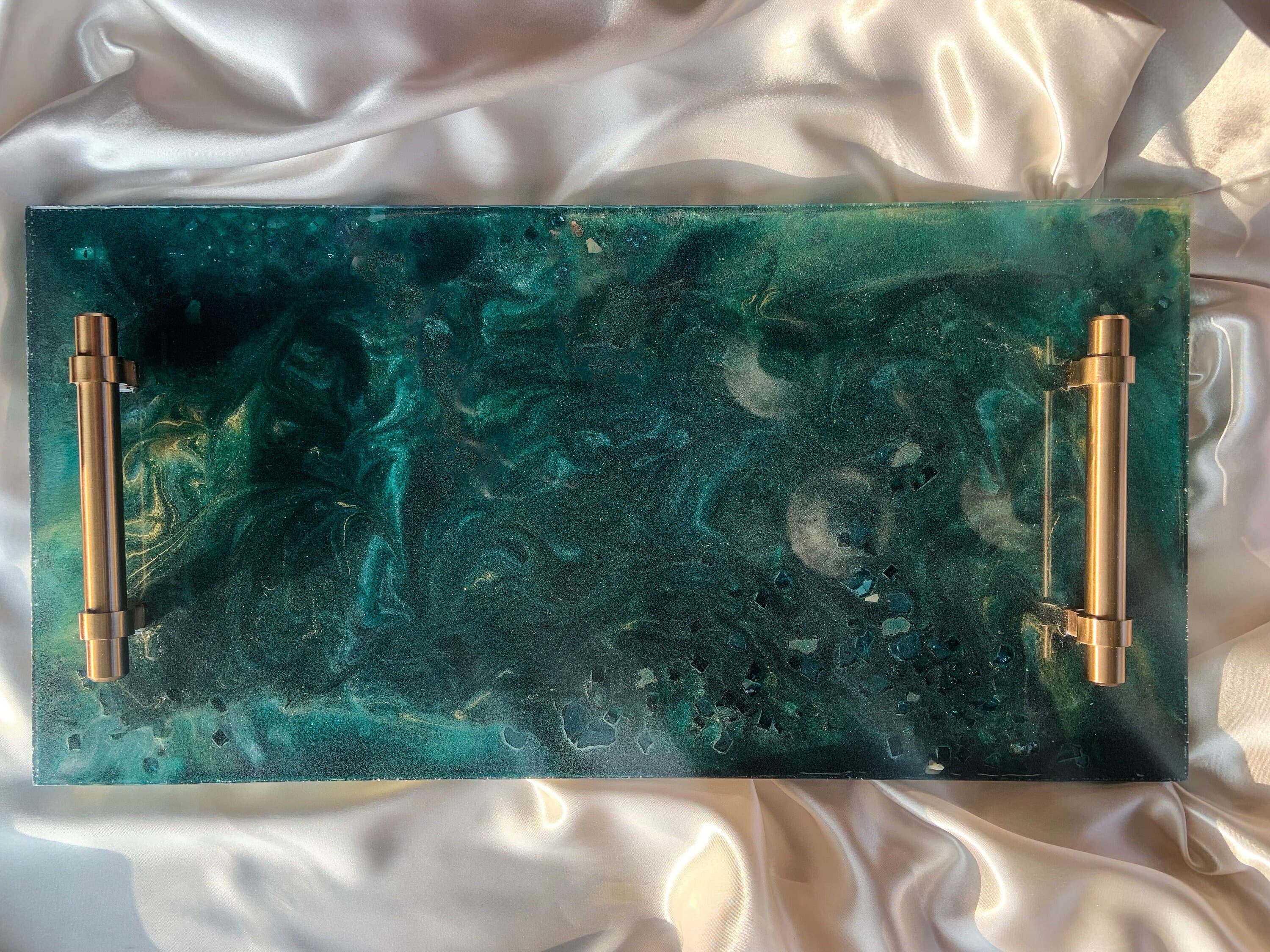 Large emerald green resin tray|green table deco|Green resin art|elegant table |luxe table decor|Bejewelled tray|jewel tone art|charcuterie - image 5