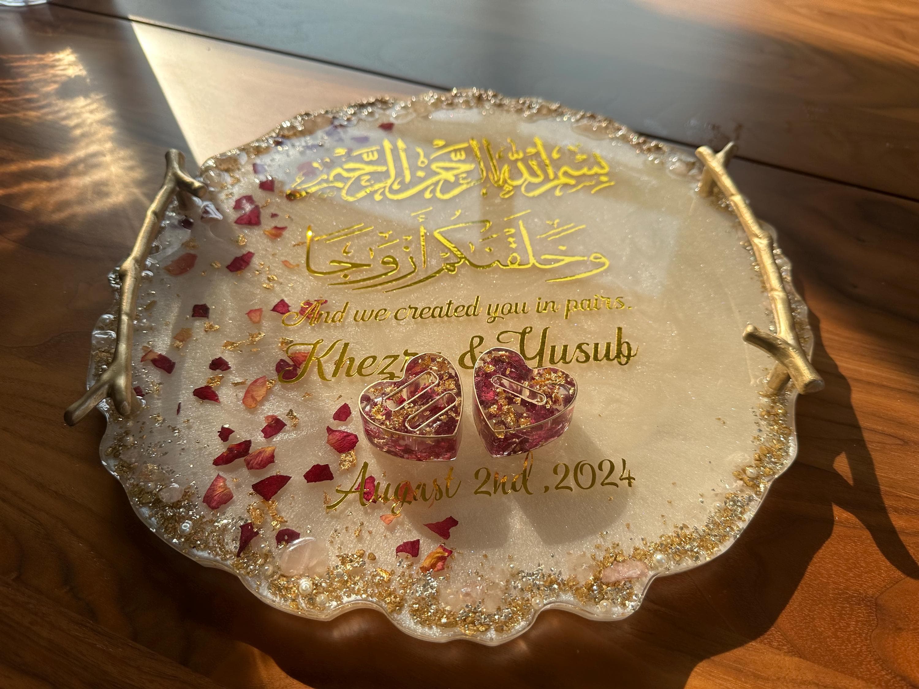 Rose Ring Wedding Tray|Nikkah Tray|Engagement Tray|Champagne gold Wedding Decor|Quran Ayah Tray|Resin Tray with Handles|Personalized Tray - image 3
