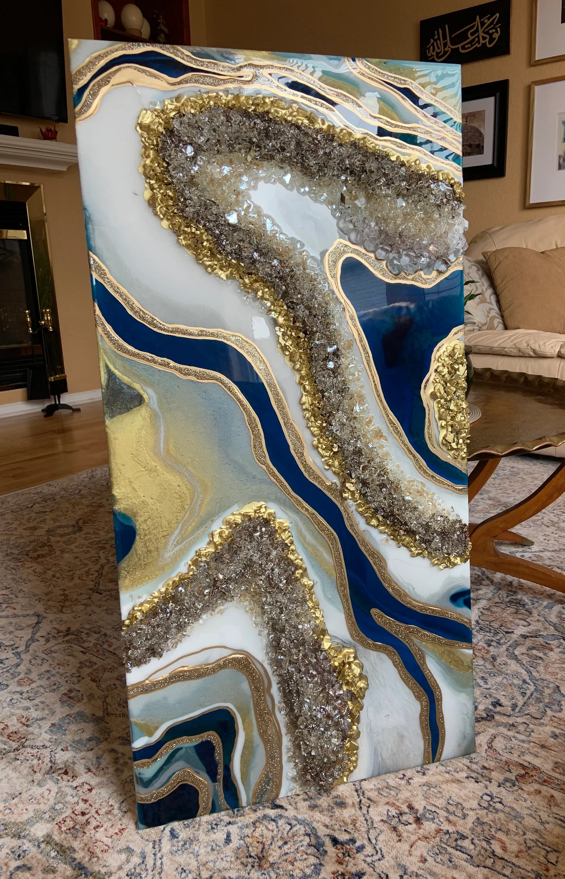 Peacock Blue Resin art |custom art| geode art|Resin painting| luxury art|Crystal art| modern blue art| blue gold artwork|Luxury wall decor - image 3