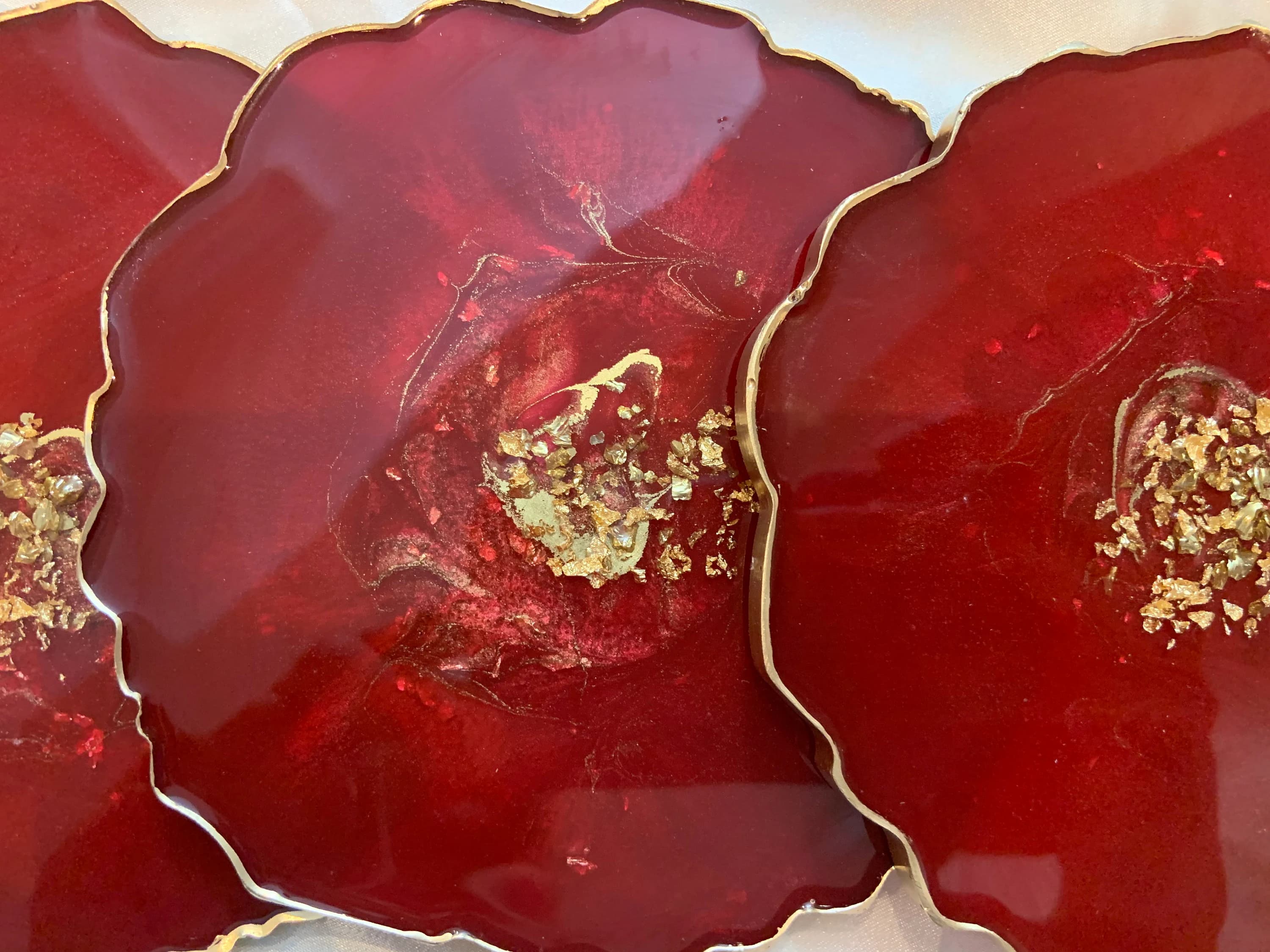 Resplendent Red Coasters|Crimson red coasters|Red gold table|red gold decor|red resin art|ruby red tableware|Set of four coasters