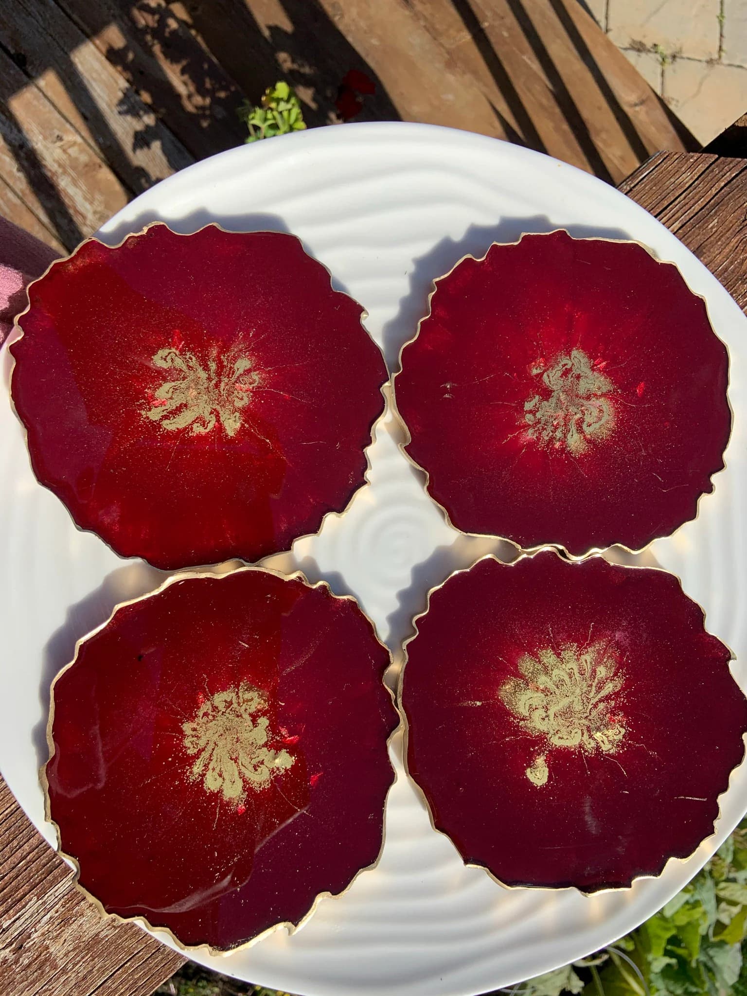 Resplendent Red Coasters|Crimson red coasters|Red gold table|red gold decor|red resin art|ruby red tableware|Set of four coasters - image 5