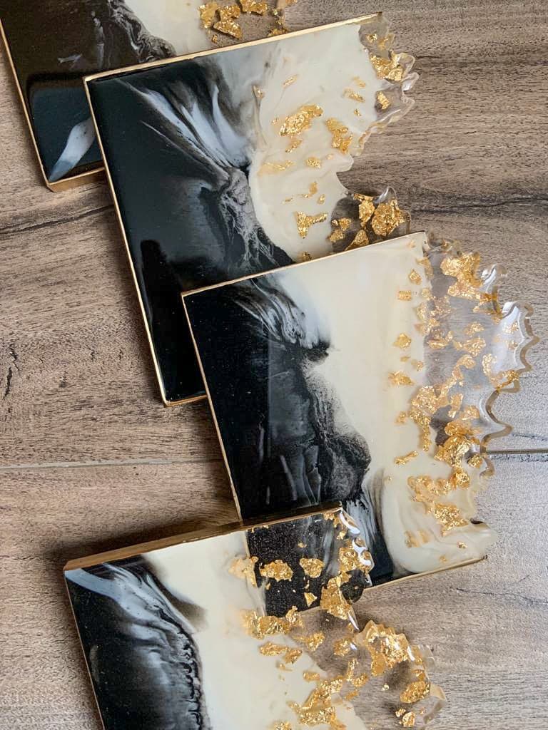 Black Gold Coasters|Black and White Resin coaster set|black white decor|White black landscape art|Modern art|agate black|Handmade|minimalist