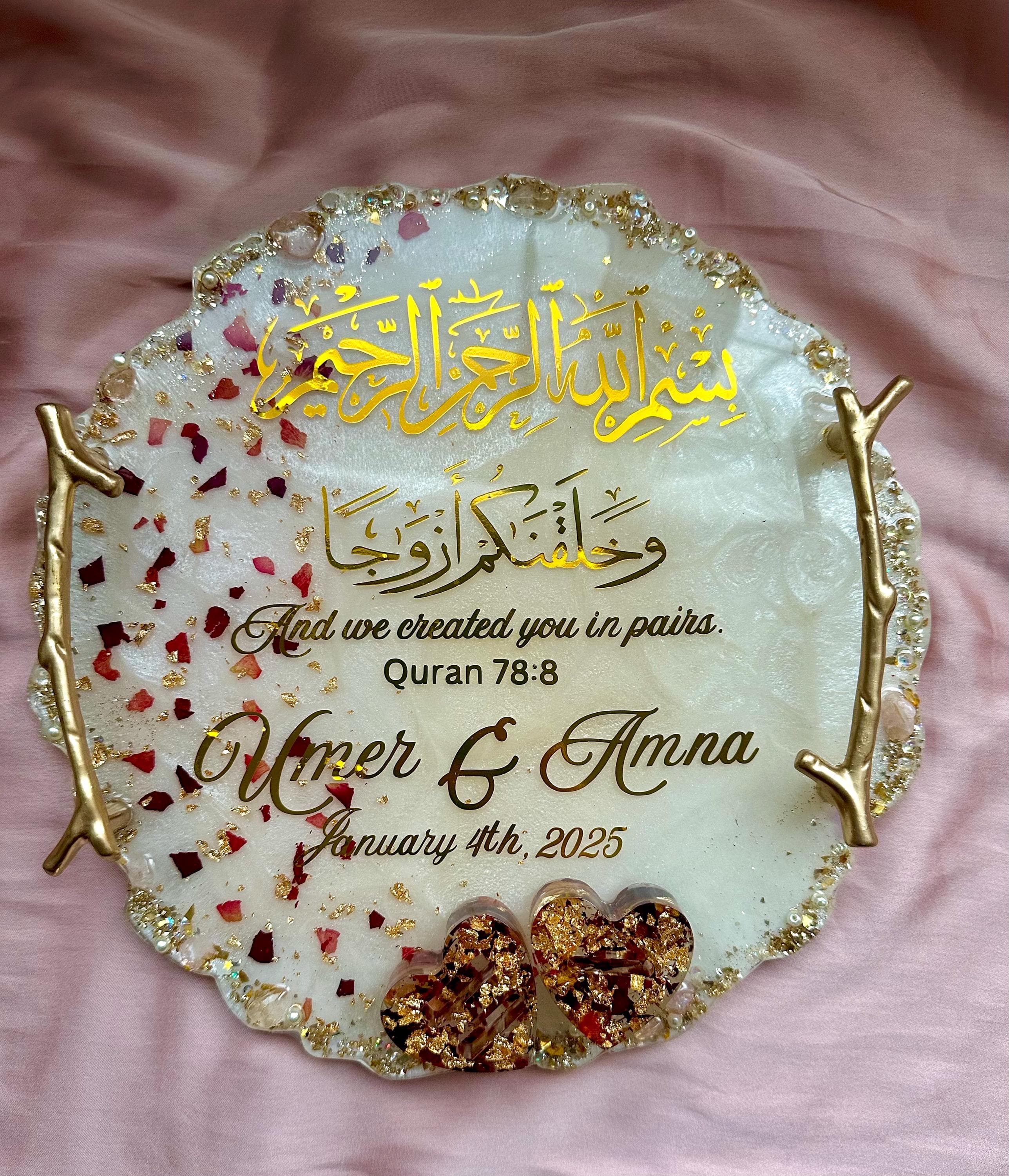 Rose Ring Wedding Tray|Nikkah Tray|Engagement Tray|Champagne gold Wedding Decor|Quran Ayah Tray|Resin Tray with Handles|Personalized Tray - image 5
