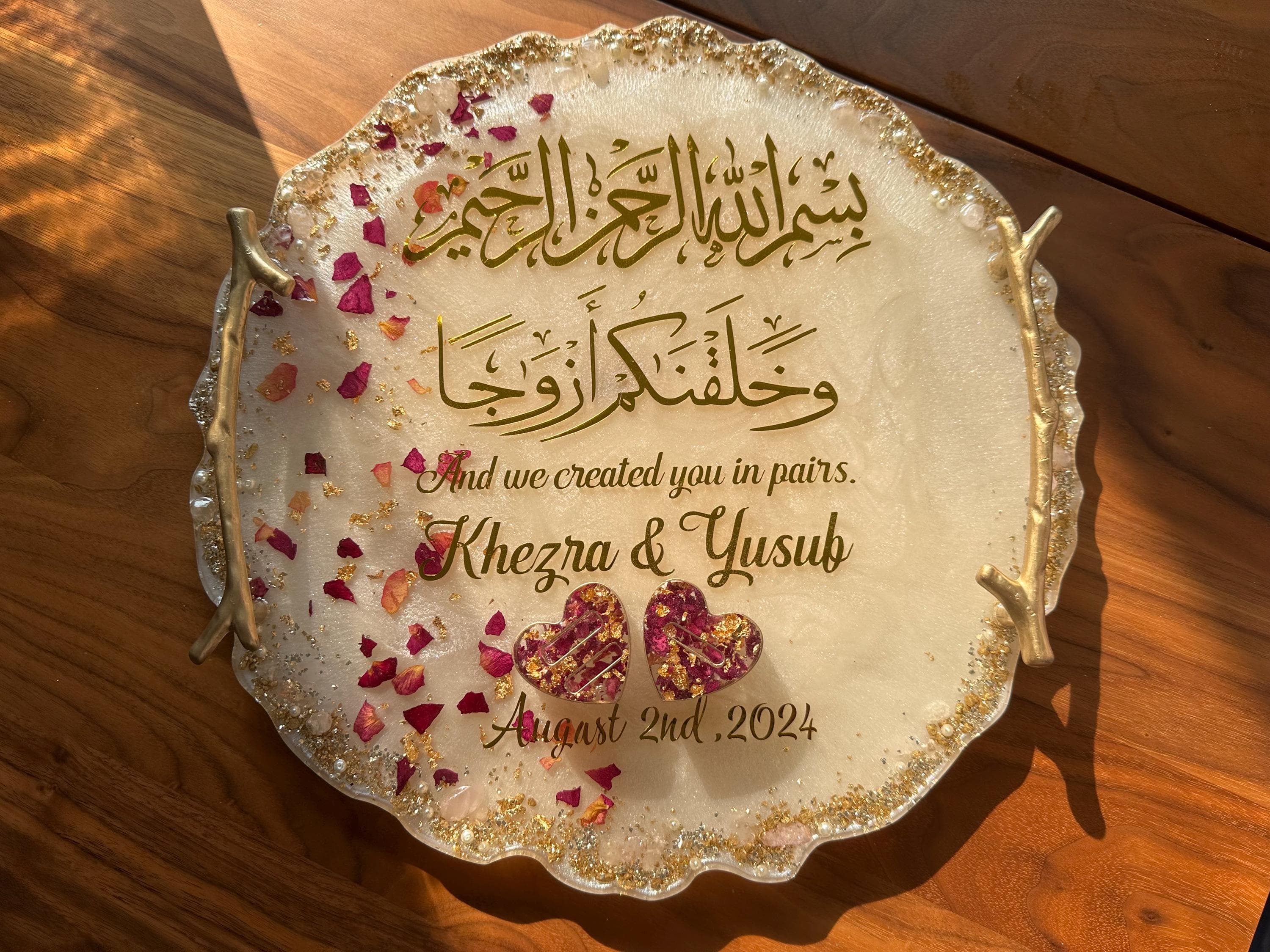 Rose Ring Wedding Tray|Nikkah Tray|Engagement Tray|Champagne gold Wedding Decor|Quran Ayah Tray|Resin Tray with Handles|Personalized Tray