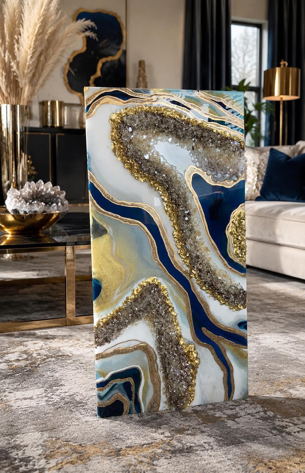 Peacock Blue Resin art |custom art| geode art|Resin painting| luxury art|Crystal art| modern blue art| blue gold artwork|Luxury wall decor
