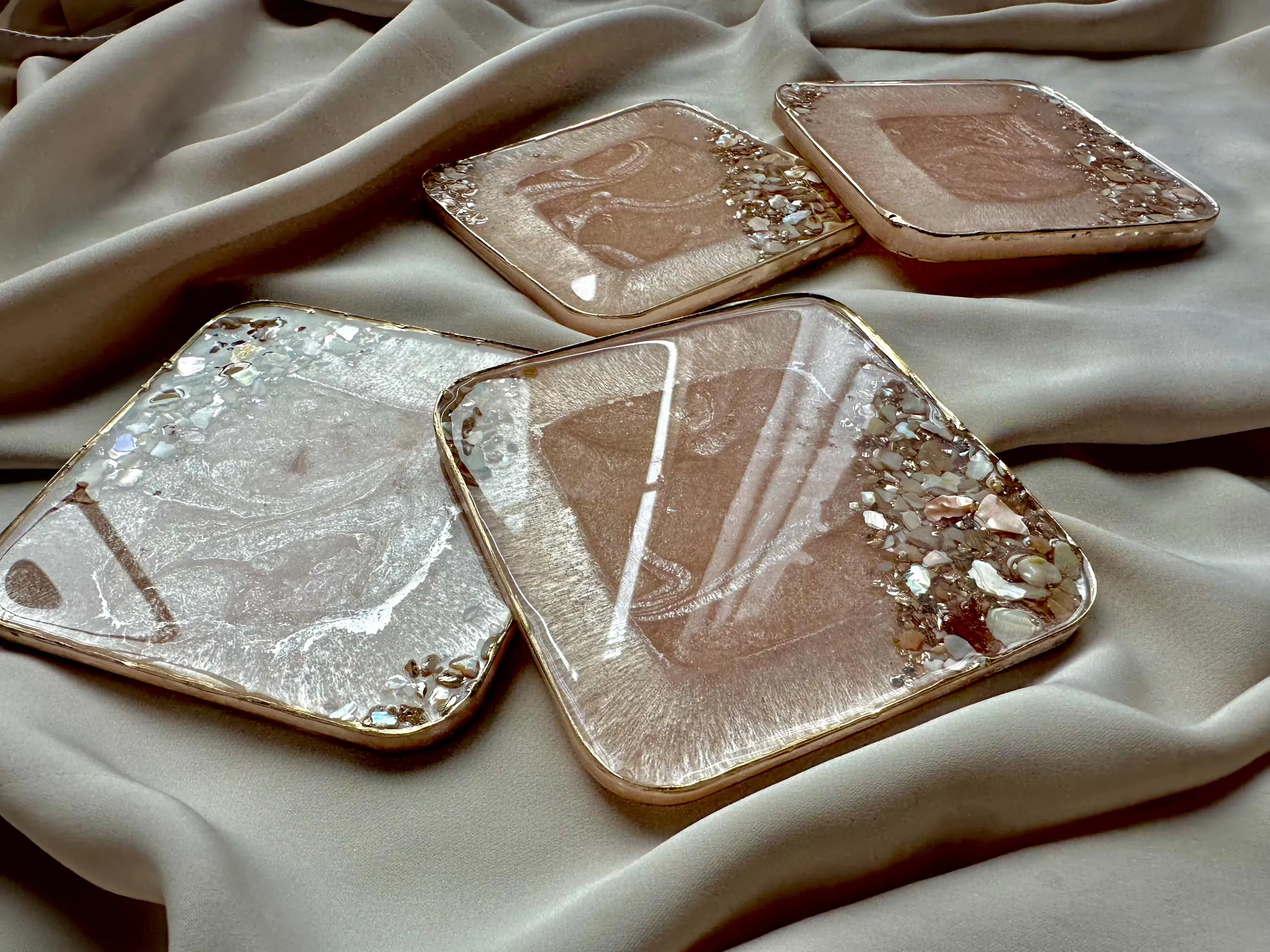 Coral Shell resin coasters|ocean table  coasters|Wedding gift blush|Set of six| |gift for her|champagne quartz| Shells pink decor |original - image 5
