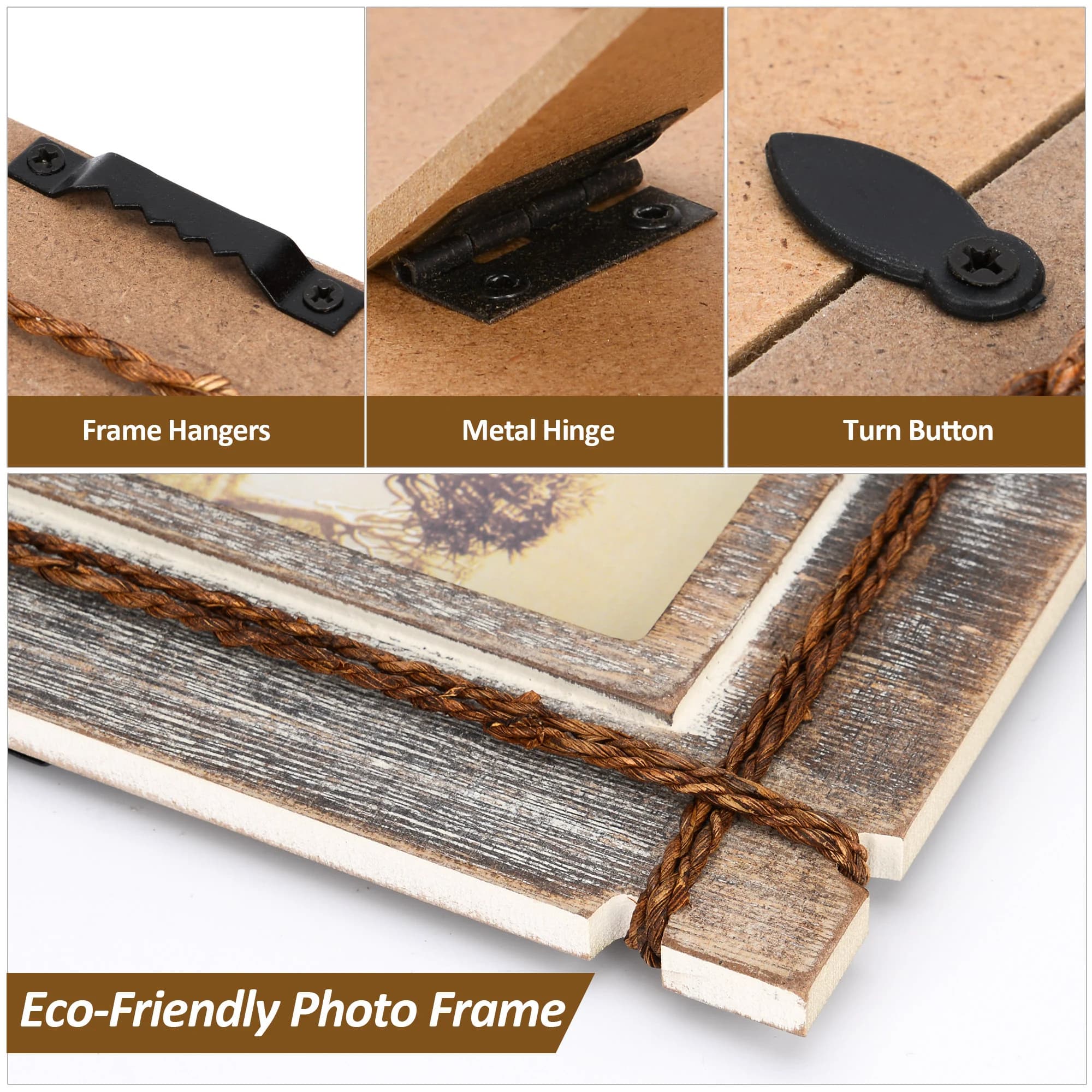 4x6 Wooden Photo Frame | Vintage Style Rustic 4 by 6 Wood Frames Wall Display with Acrylic Cover 3 Frames Dark or Light Rope - image 2