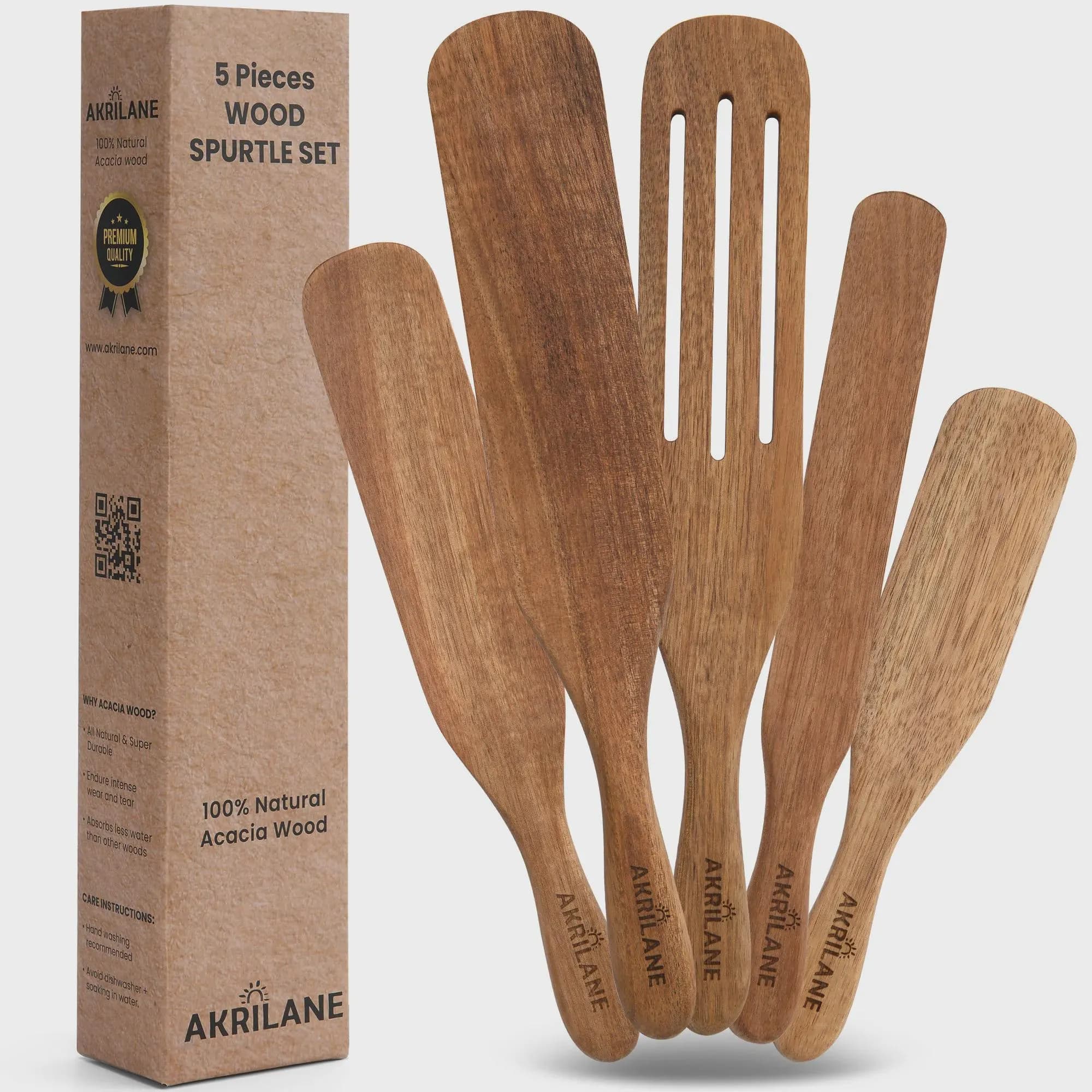 Personalized Wooden Spurtle Set – 100% Acacia Wood Utensils | Non-Stick & Heat Resistant Kitchen Tools | Akrilane Handmade Wooden Spoon Set