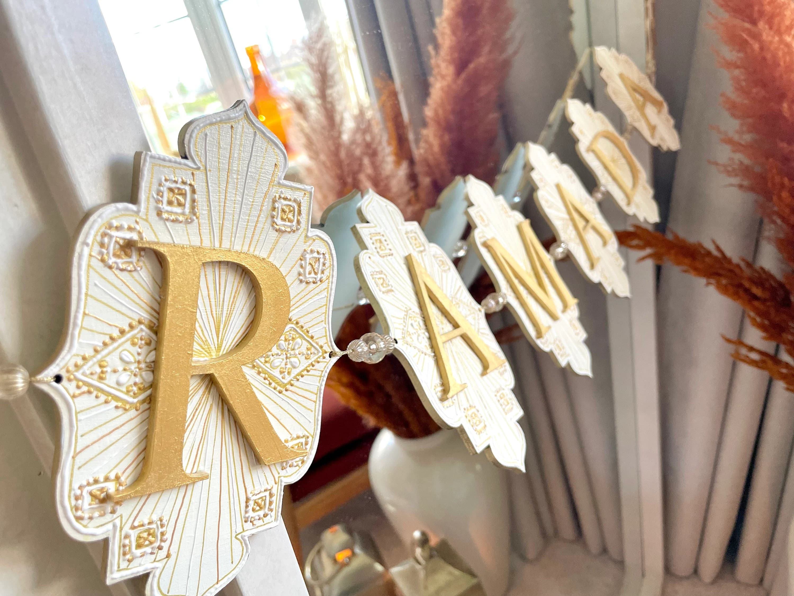 Imperial Aurora Ramadan Wood Material Banner | Ivory White Gold | Party Decor | Hand-Painted Garland Streamer