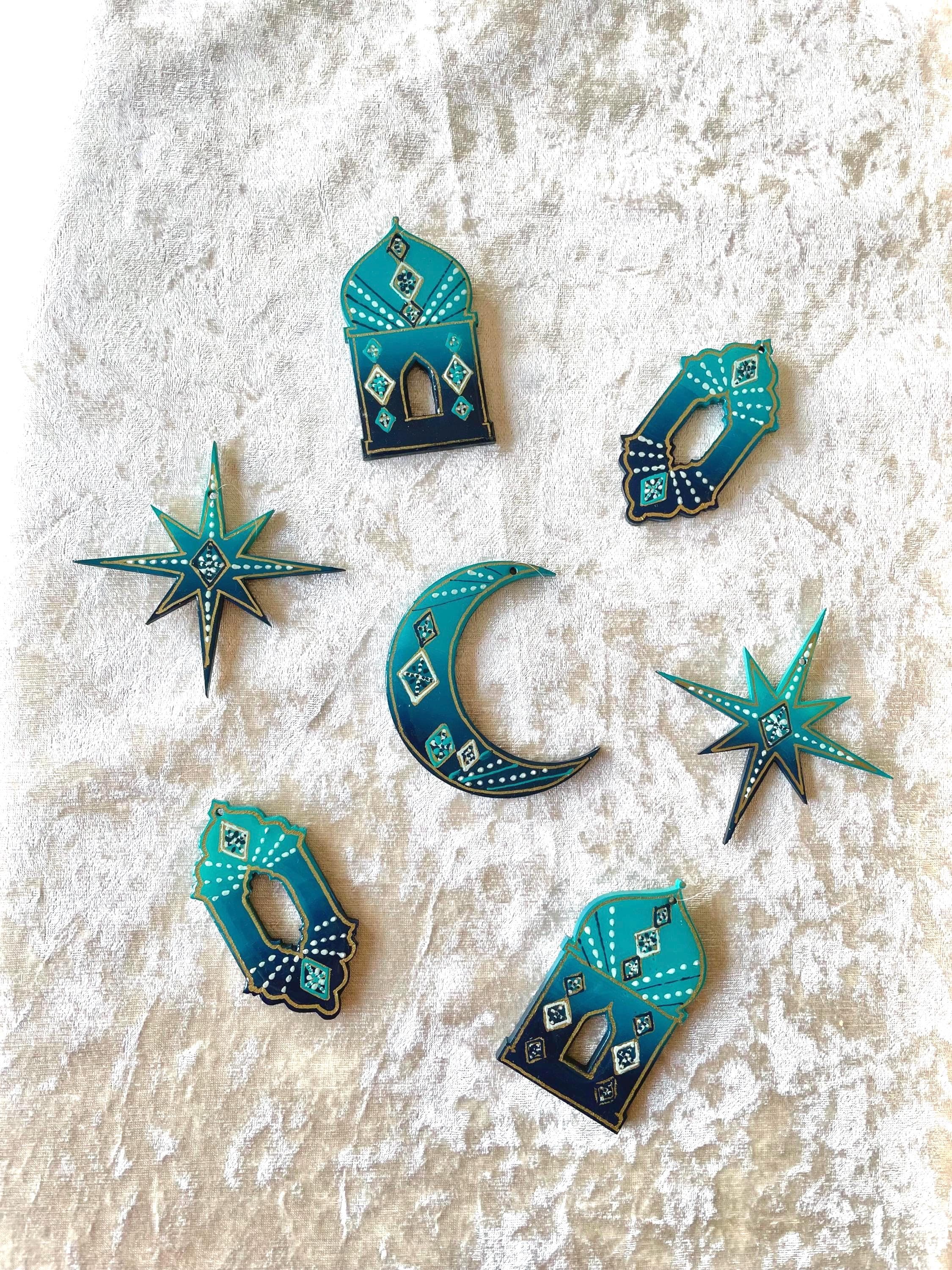 Dusk Micro Hanging Ornaments Set of 7 | Lanterns Stars & Moon | Hand-Painted Eid Ramadan Decorations Gift Set