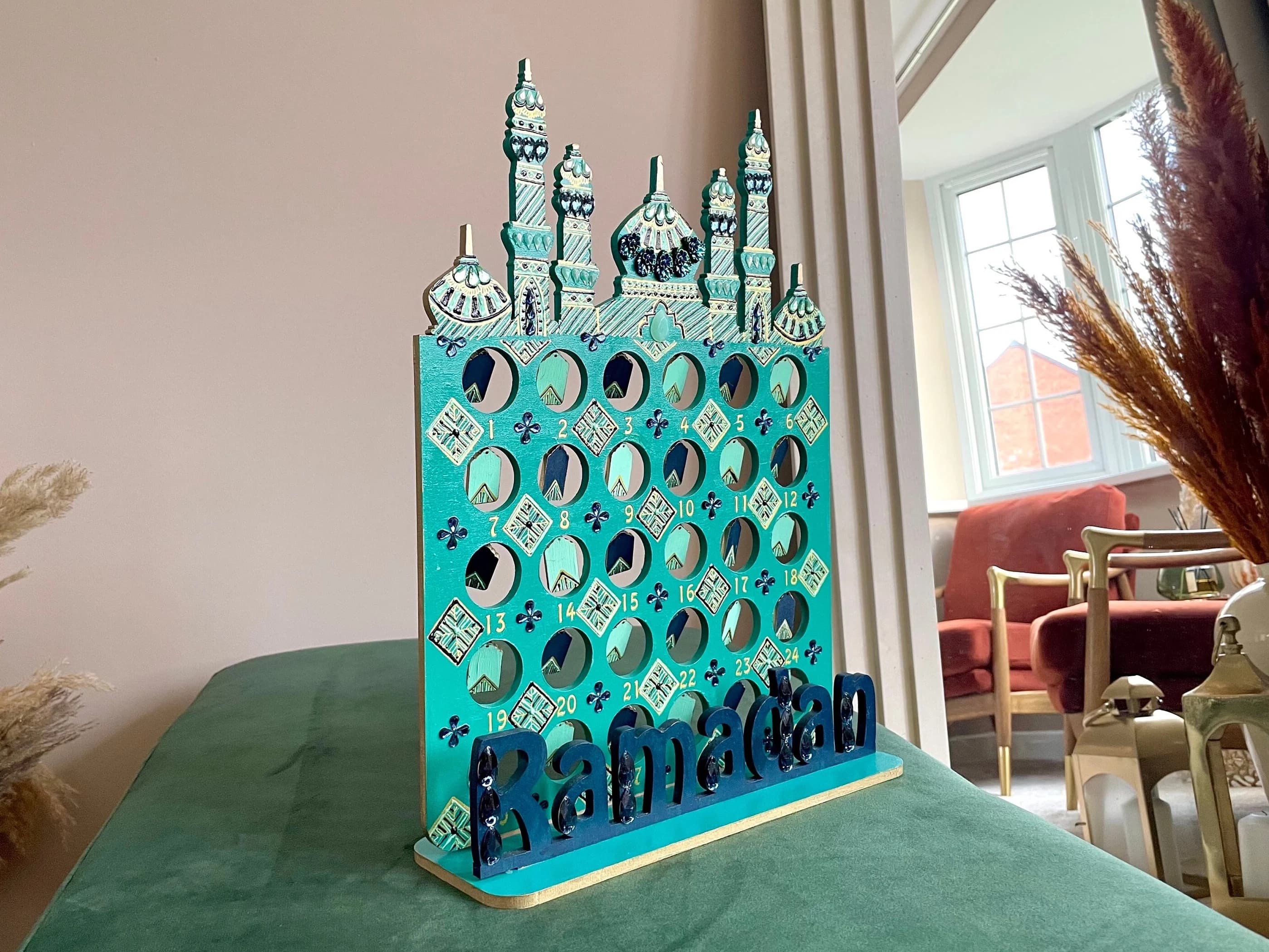 Dusk Ramadan Countdown Calendar | Gold Teal Mint Green Blue | Hand-Painted Eid Gift Kids Children Activity