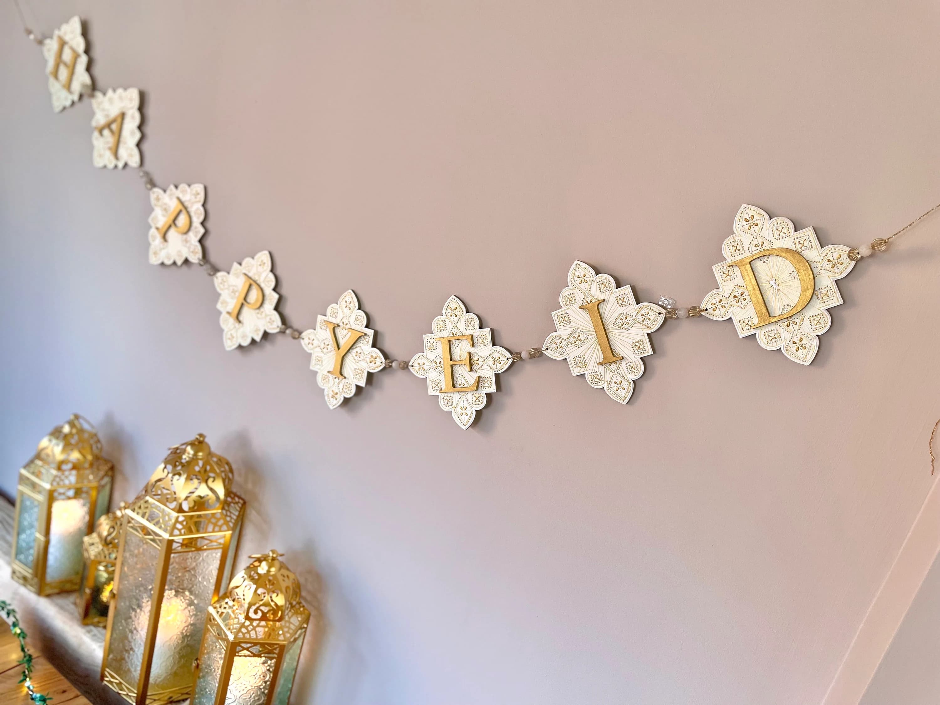 Hand-Painted Aurora Imperial Happy Eid Banner | Garland Decor Ivory White Gold