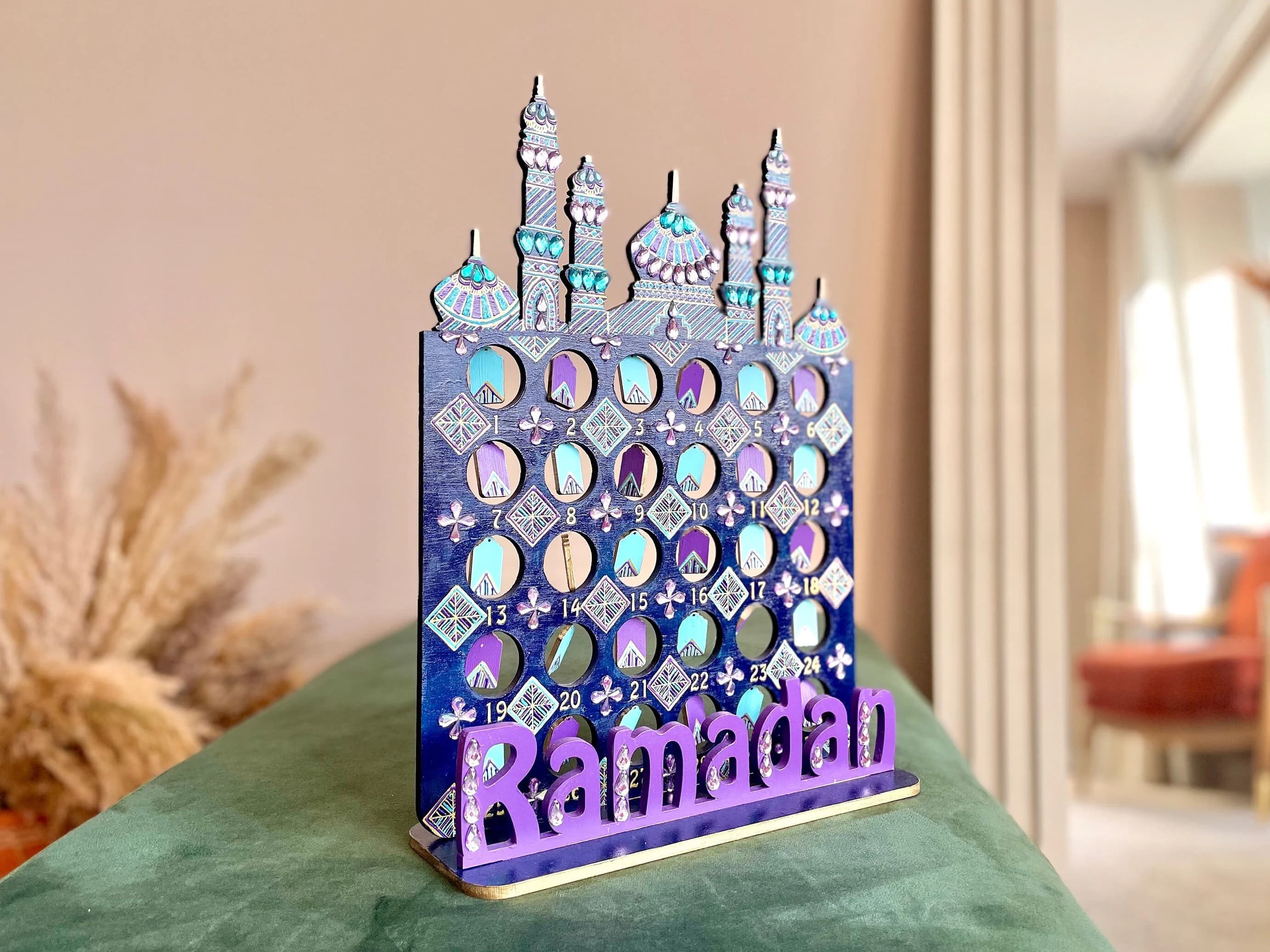 Midnight Ramadan Countdown Calendar Wood Based | Gold Purple Blue Turquoise | Hand-Painted Eid Gift Kids Children Activity