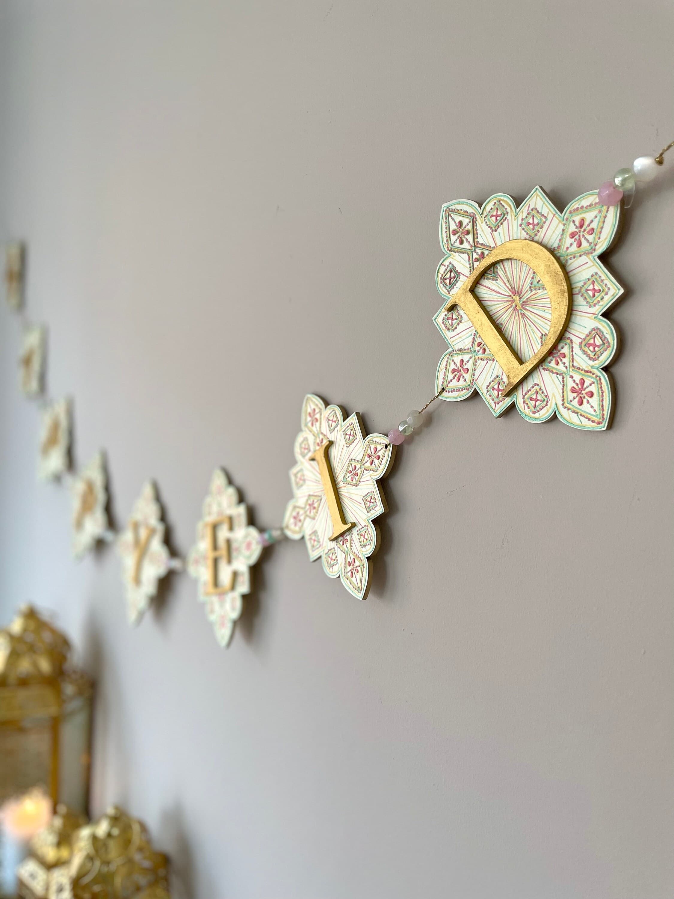 Dawn Imperial Happy Eid Banner | Garland Decor Ivory Mint Green Rose Pink - image 3