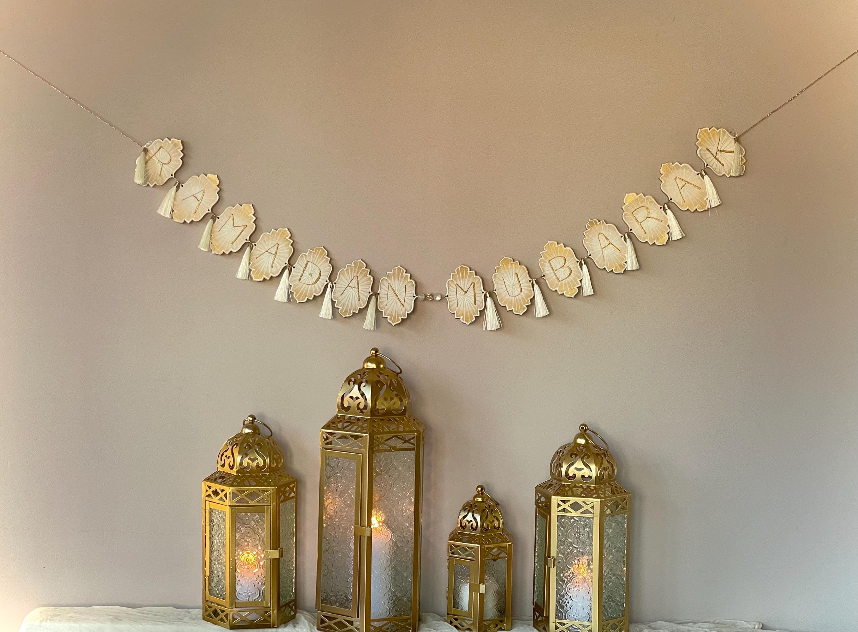 Imperial Aurora Mini Ramadan Wood Material Banner | White Ivory Gold | Party Decor | Hand-Painted Garland Streamer