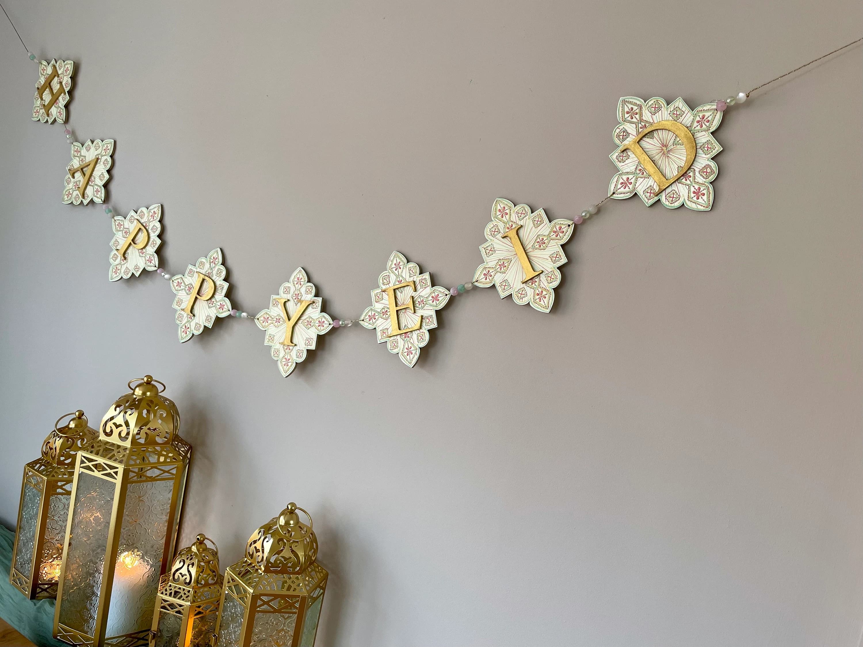 Dawn Imperial Happy Eid Banner | Garland Decor Ivory Mint Green Rose Pink