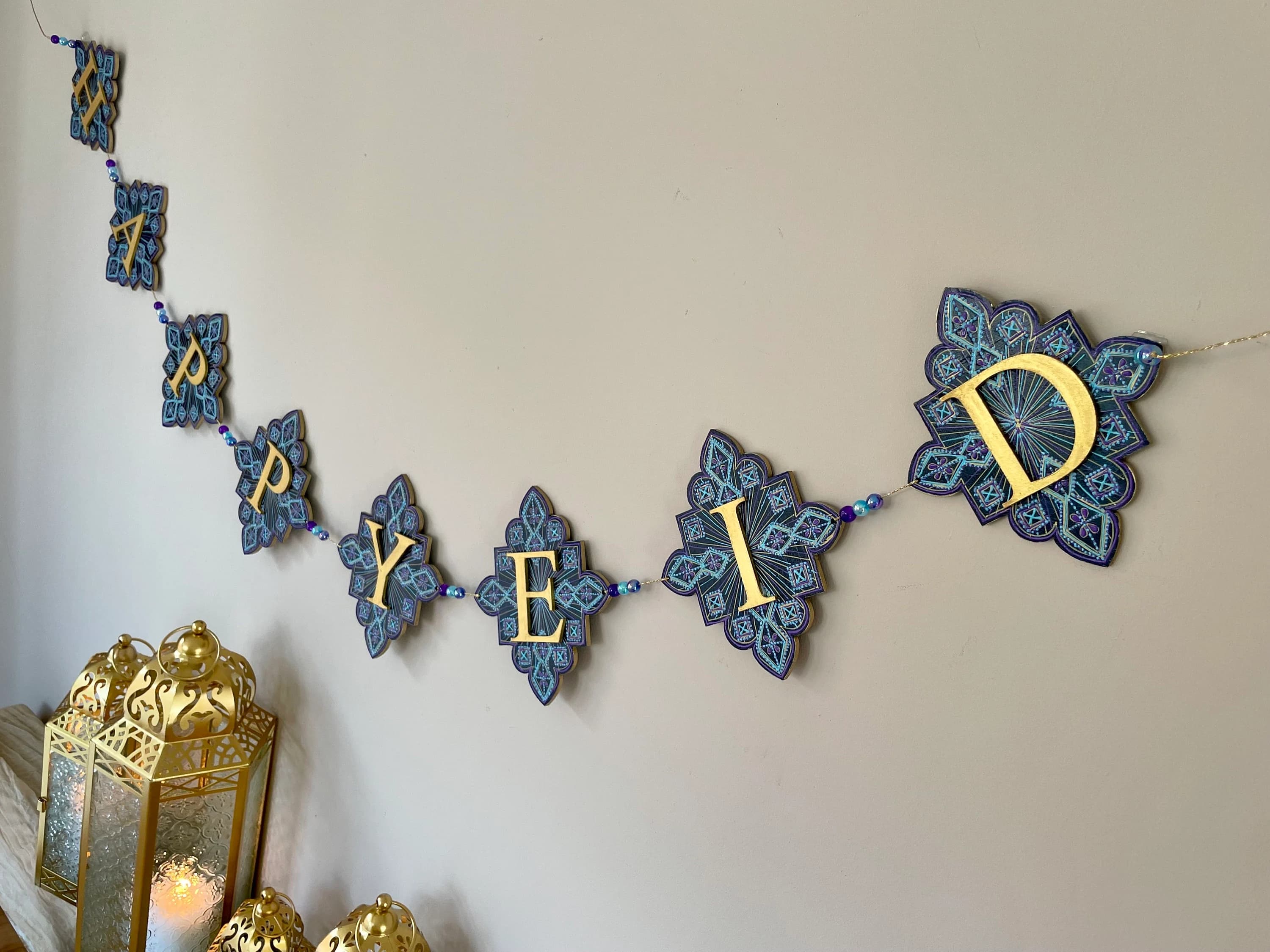Hand-Painted Midnight Imperial Happy Eid Banner | Garland Decor Blue Purple Turquoise Gold