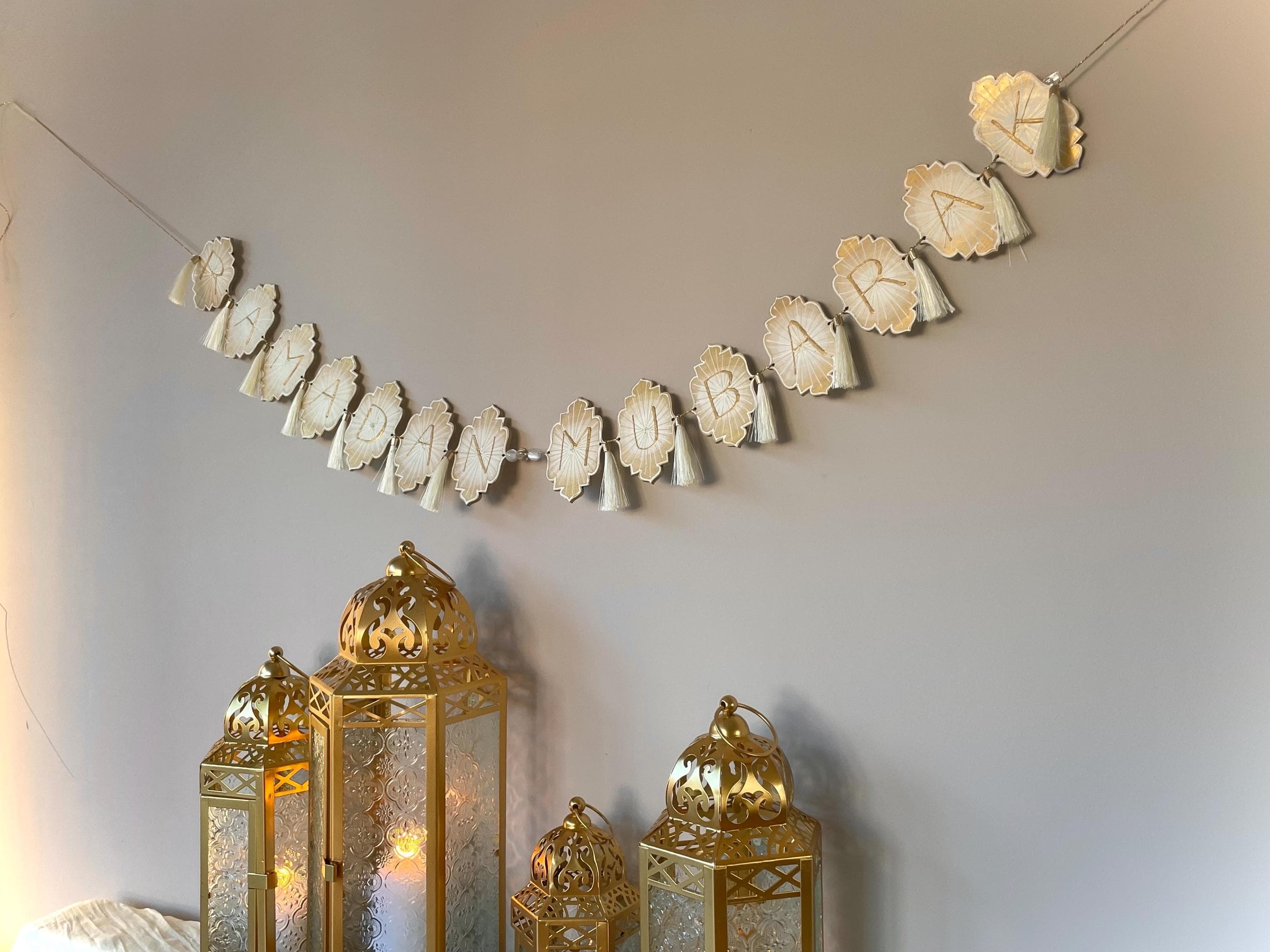 Imperial Aurora Mini Ramadan Wood Material Banner | White Ivory Gold | Party Decor | Hand-Painted Garland Streamer - image 3