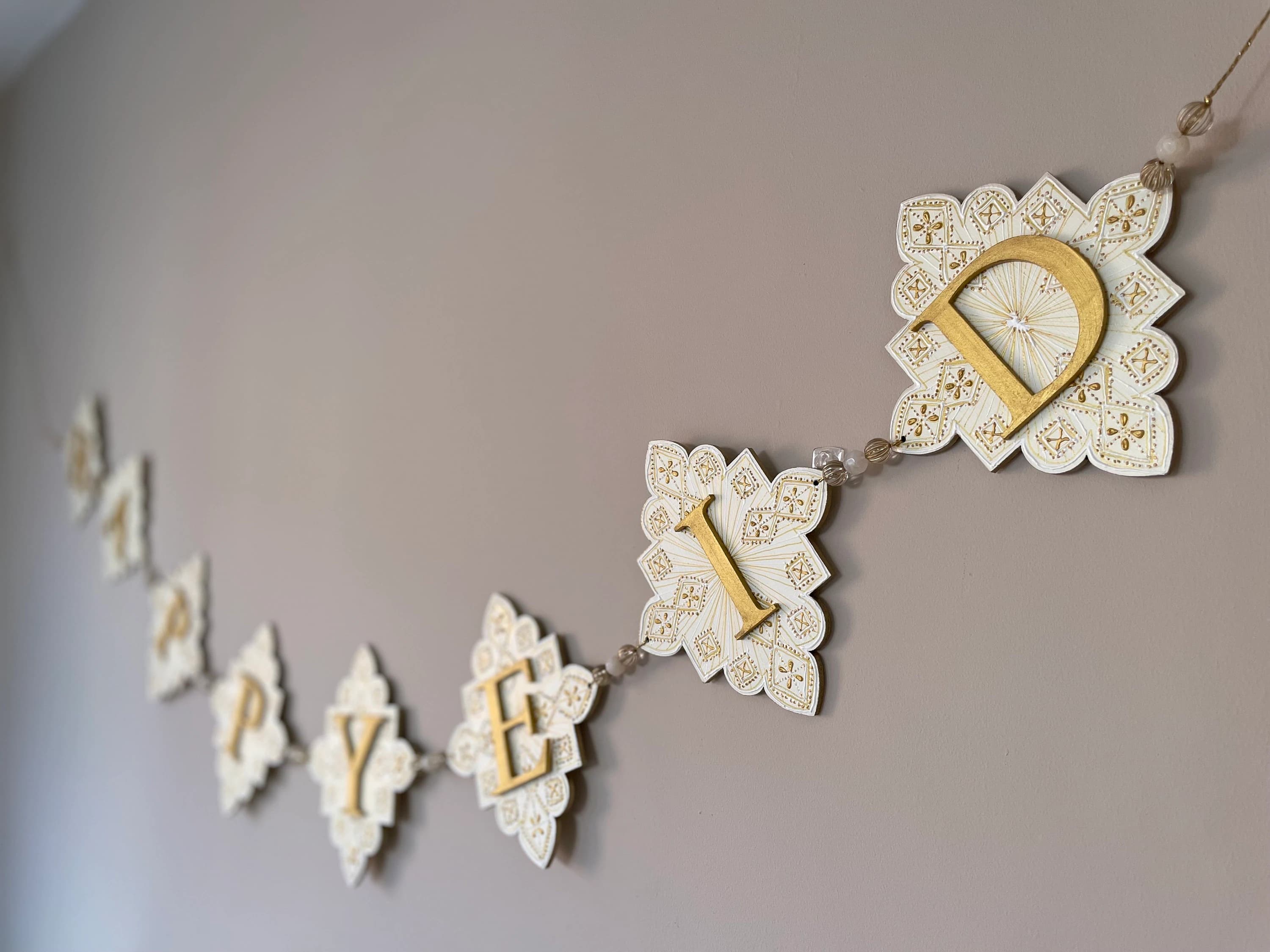 Hand-Painted Aurora Imperial Happy Eid Banner | Garland Decor Ivory White Gold - image 4