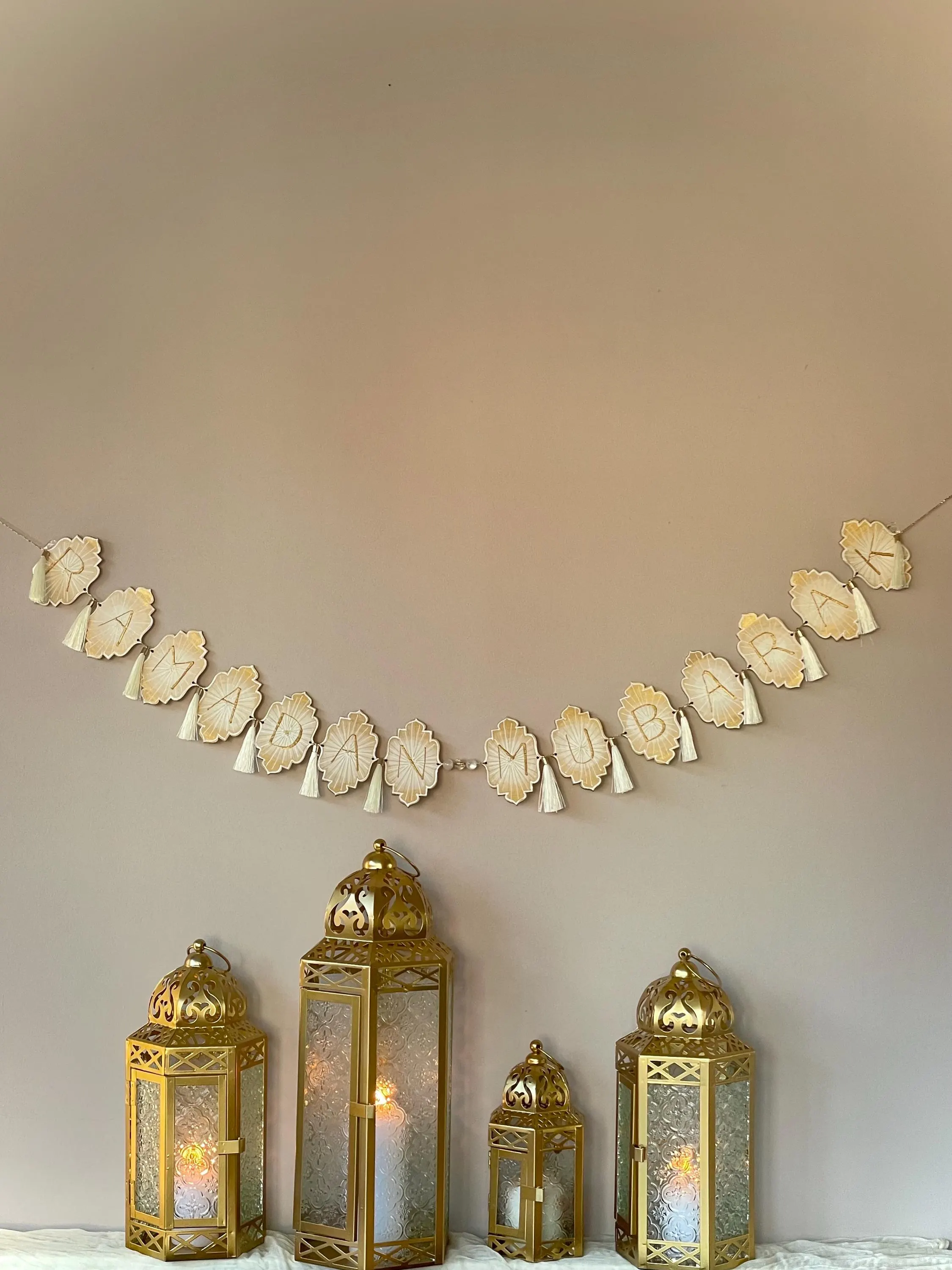 Imperial Aurora Mini Ramadan Wood Material Banner | White Ivory Gold | Party Decor | Hand-Painted Garland Streamer - image 4