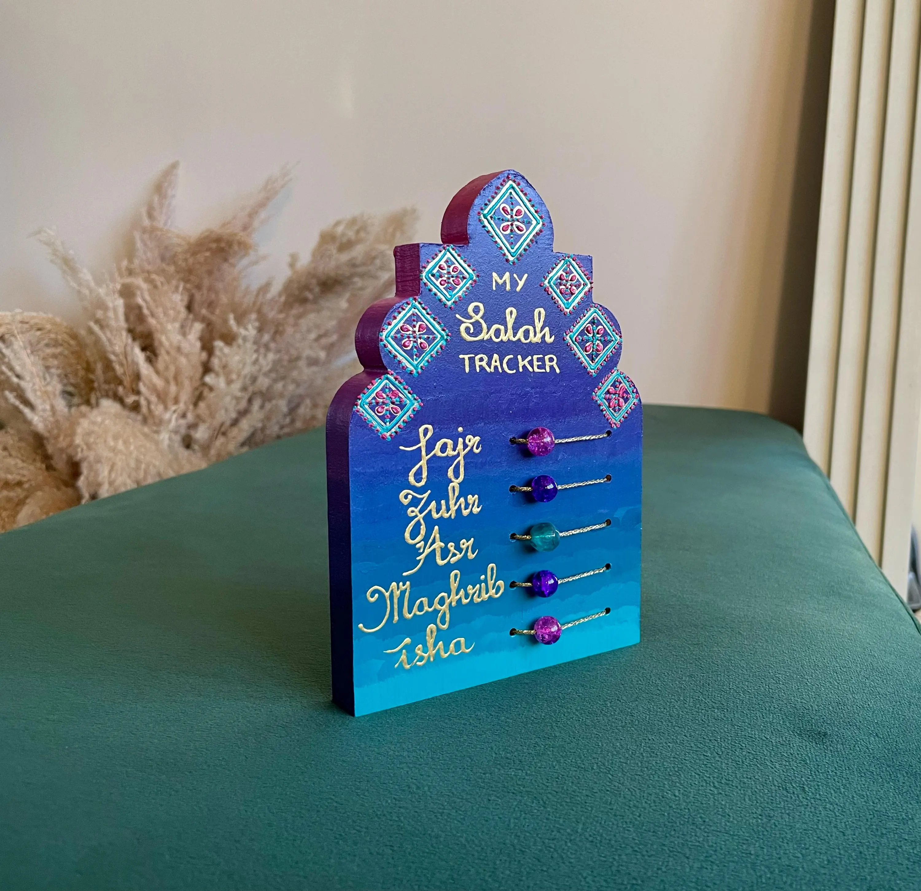 Twilight Children's Salah Tracker | Hand-painted Eid Decor Purple Teal Pink Gold | Ramadan Gift