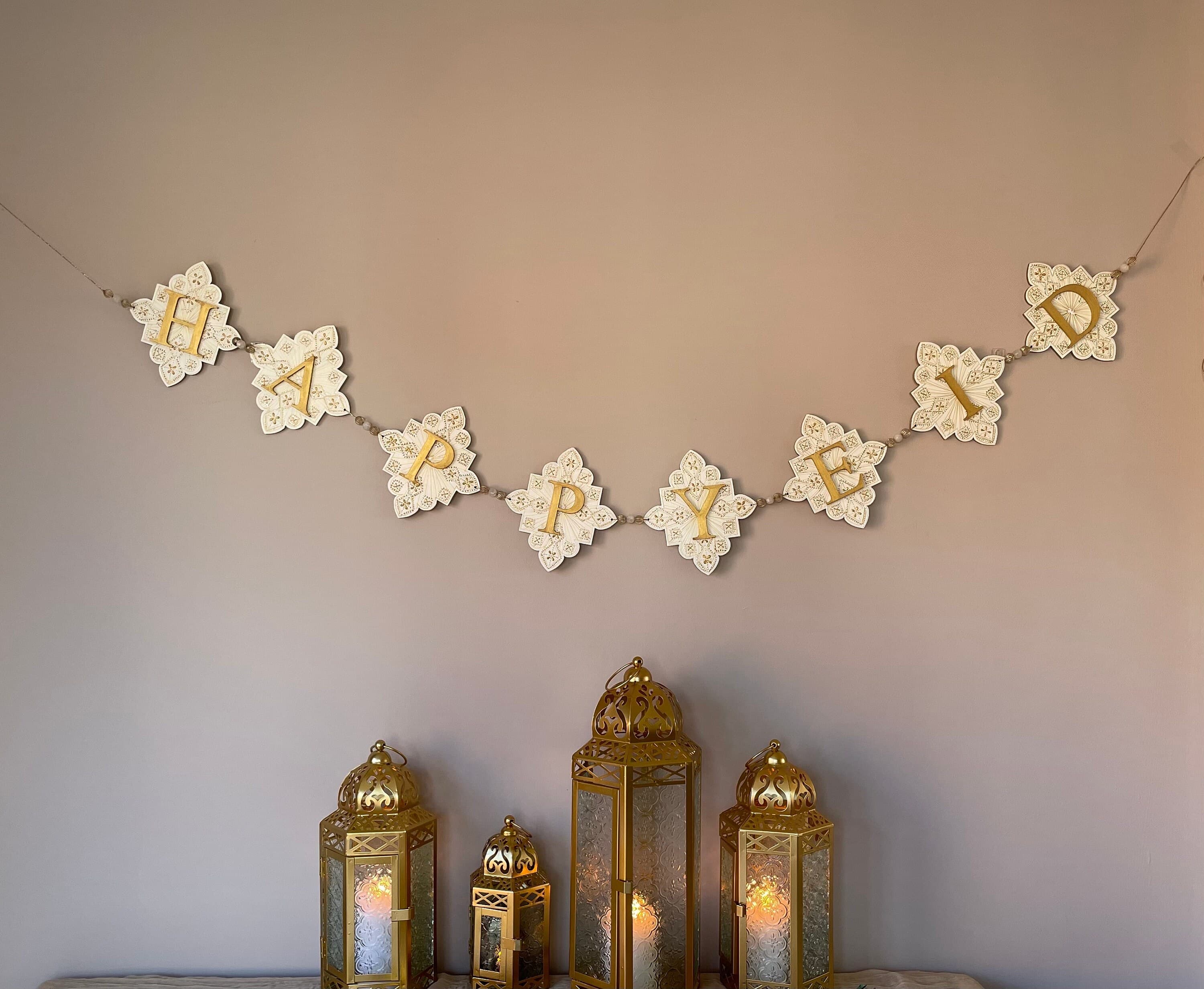 Hand-Painted Aurora Imperial Happy Eid Banner | Garland Decor Ivory White Gold - image 3