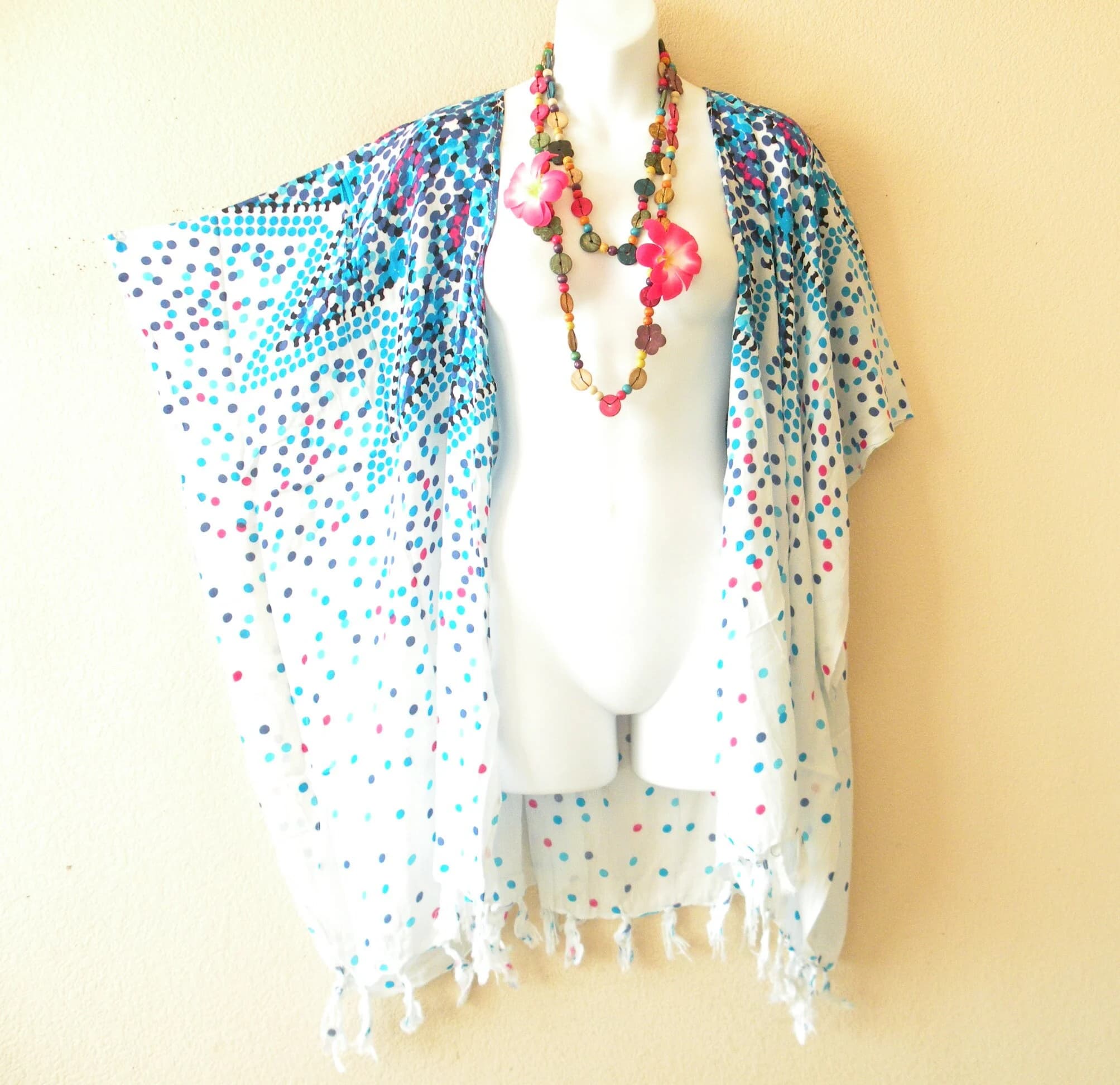 CG31 Polka Dot Batik Women Kaftan Kimono Cardigan Duster Jacket Beachwear Cover up - S, M, L, XL, 1X, 2X, 3X, 4X & 5X