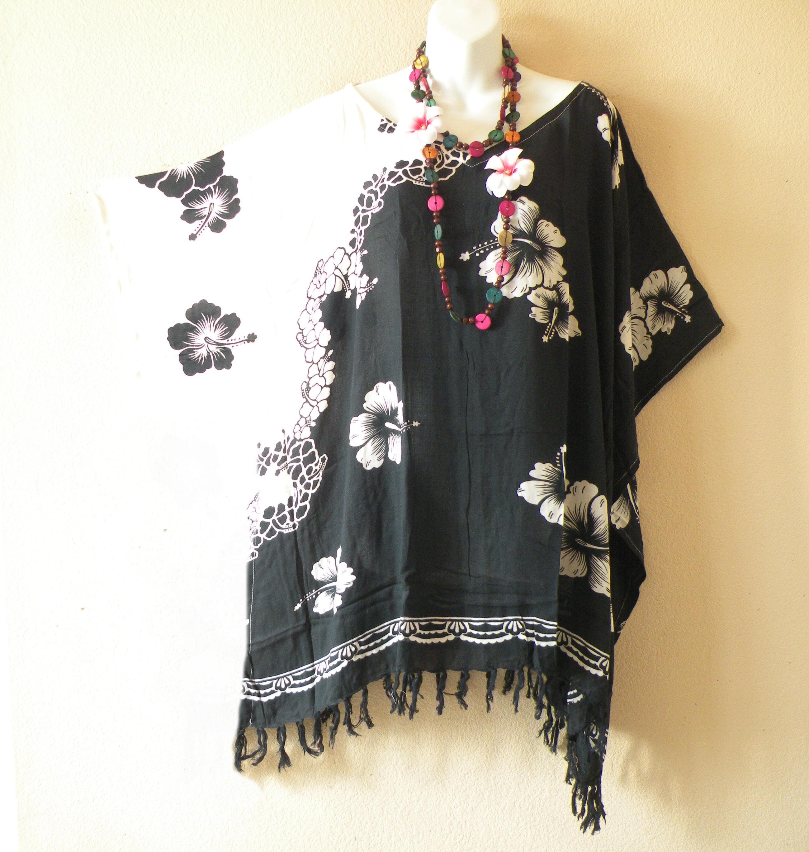 KB231 Black White Hibiscus Plus Kaftan Caftan Kimono Fringes Beachwear Tunic Poncho Blouse Top - S, M, L, XL, 1X, 2X, 3X, 4X & 5X