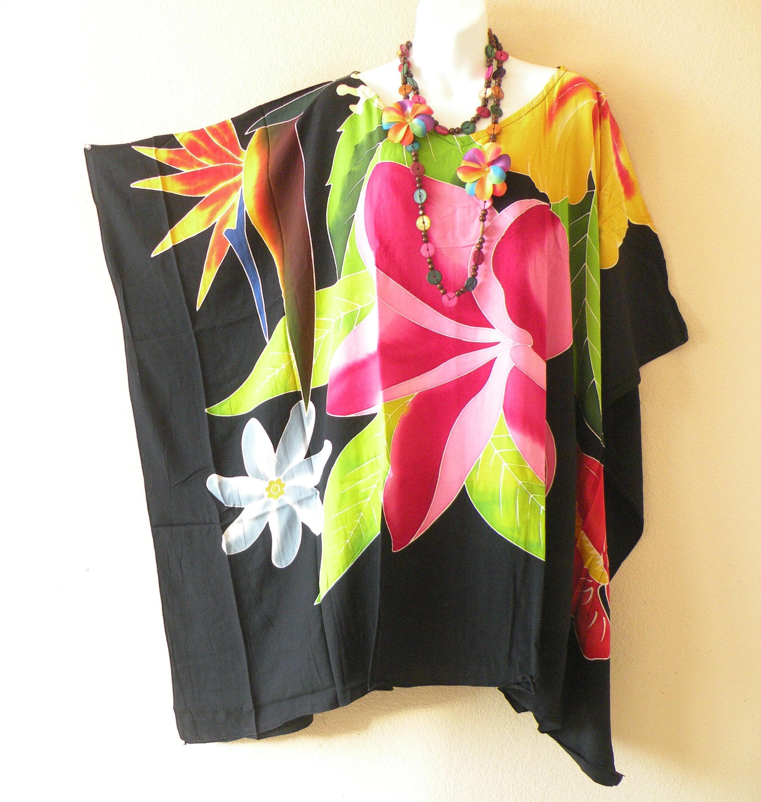 KB286 Black Tropical Flower Floral Batik Hand Painted Women Plus Size Kaftan Caftan Women Batwing Tunic Poncho Blouse Top - Fit from S to 7X