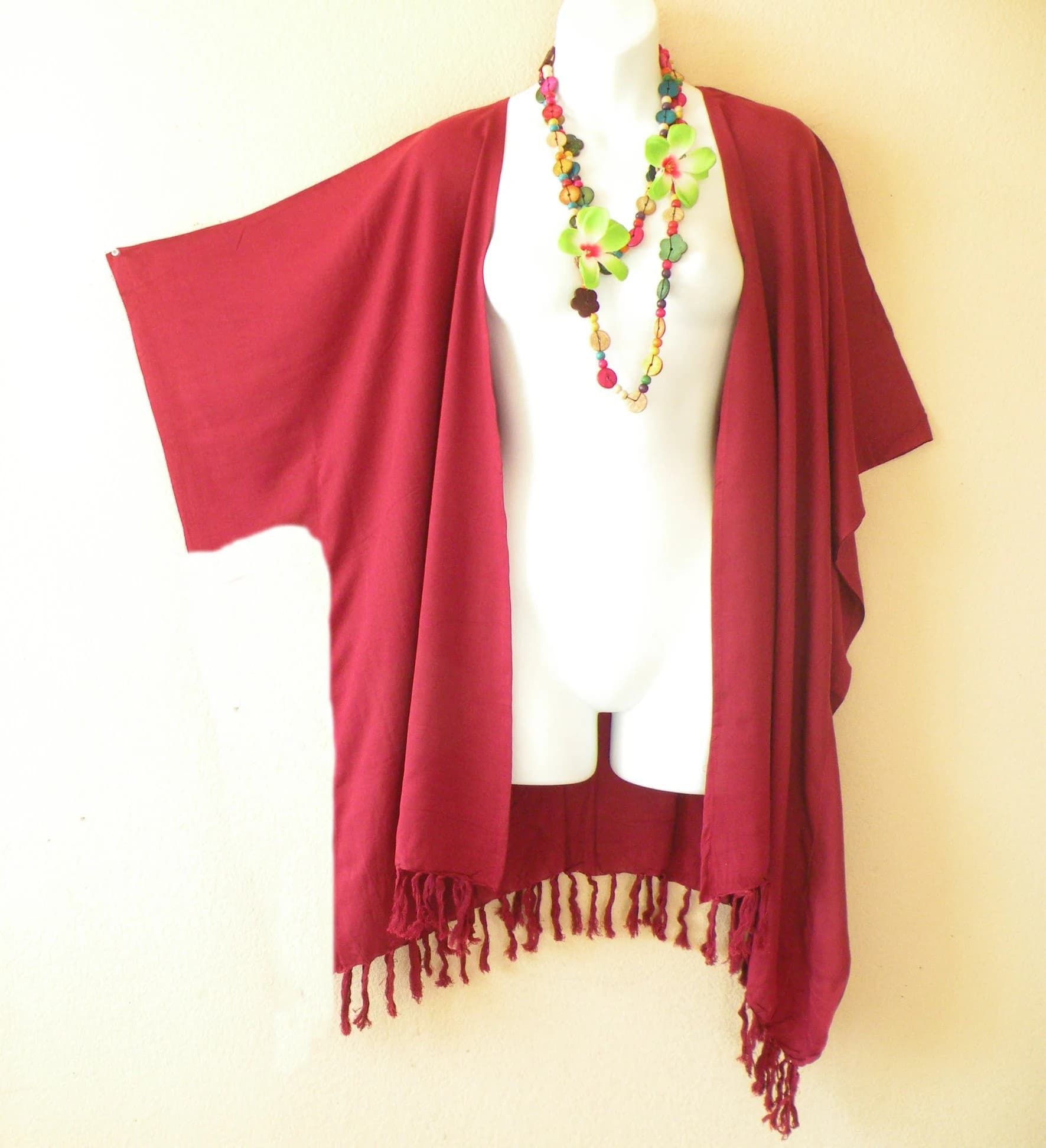 CB1297 Solid Maroon Batik Plain Plus Size Kaftan Kimono Cardigan Duster Jacket Beachwear Cover up - S, M, L, XL, 1X, 2X, 3X, 4X & 5X - image 3