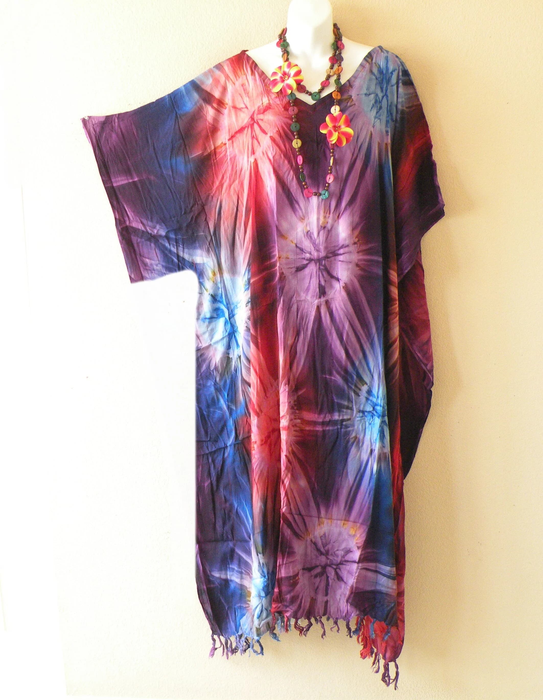 KD352 Batik Tie Dye Women Abaya Kaftan Caftan Kimono Sleeves Beachwear Dolman Maxi Long Fringes Dress - S, M, L, XL, 1X, 2X, 3X, 4X & 5X