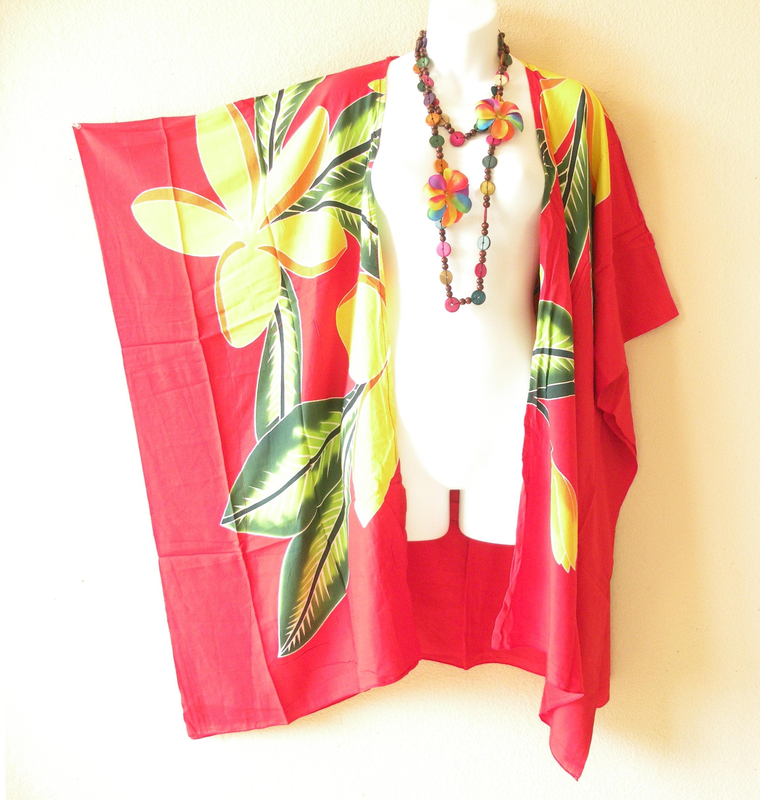 CB415 Red Hand Painted Batik Floral Plus Size Kaftan Kimono Cardigan Duster Jacket Beachwear Cover up - S, M, L, XL, 1X, 2X, 3X, 4X, 5X