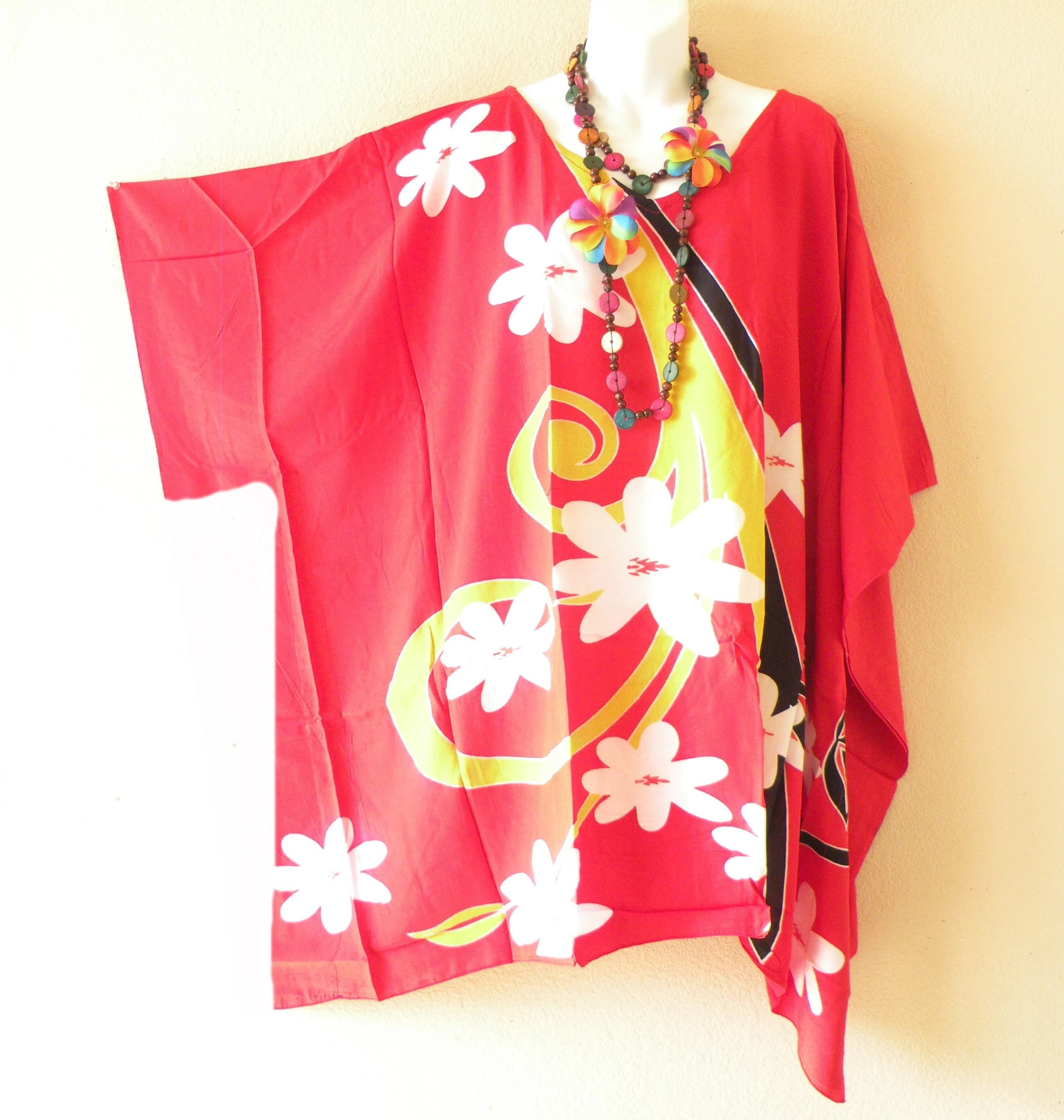 KB335 Red Floral Batik Hand Painted Women Plus Kaftan Caftan Women Batwing Tunic Poncho Blouse Top - S, M, L, XL, 1X, 2X, 3X, 4X, 5X, 6X, 7X - image 3