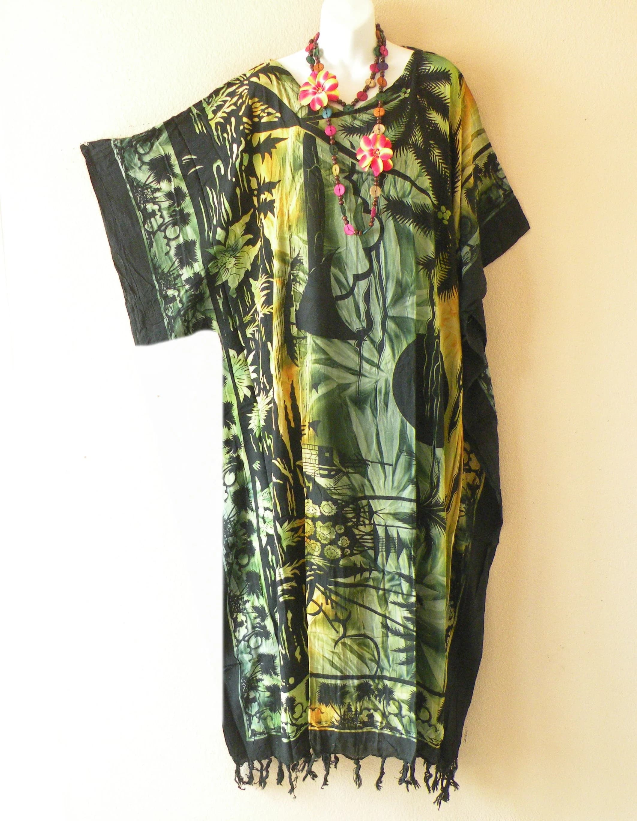 KG89 Tie Dye Scenic Batik Rayon Kaftan Caftan Kimono Sleeve Abaya Tunic Poncho Beachwear Maxi Long Fringes Dress -Fit up to 5X