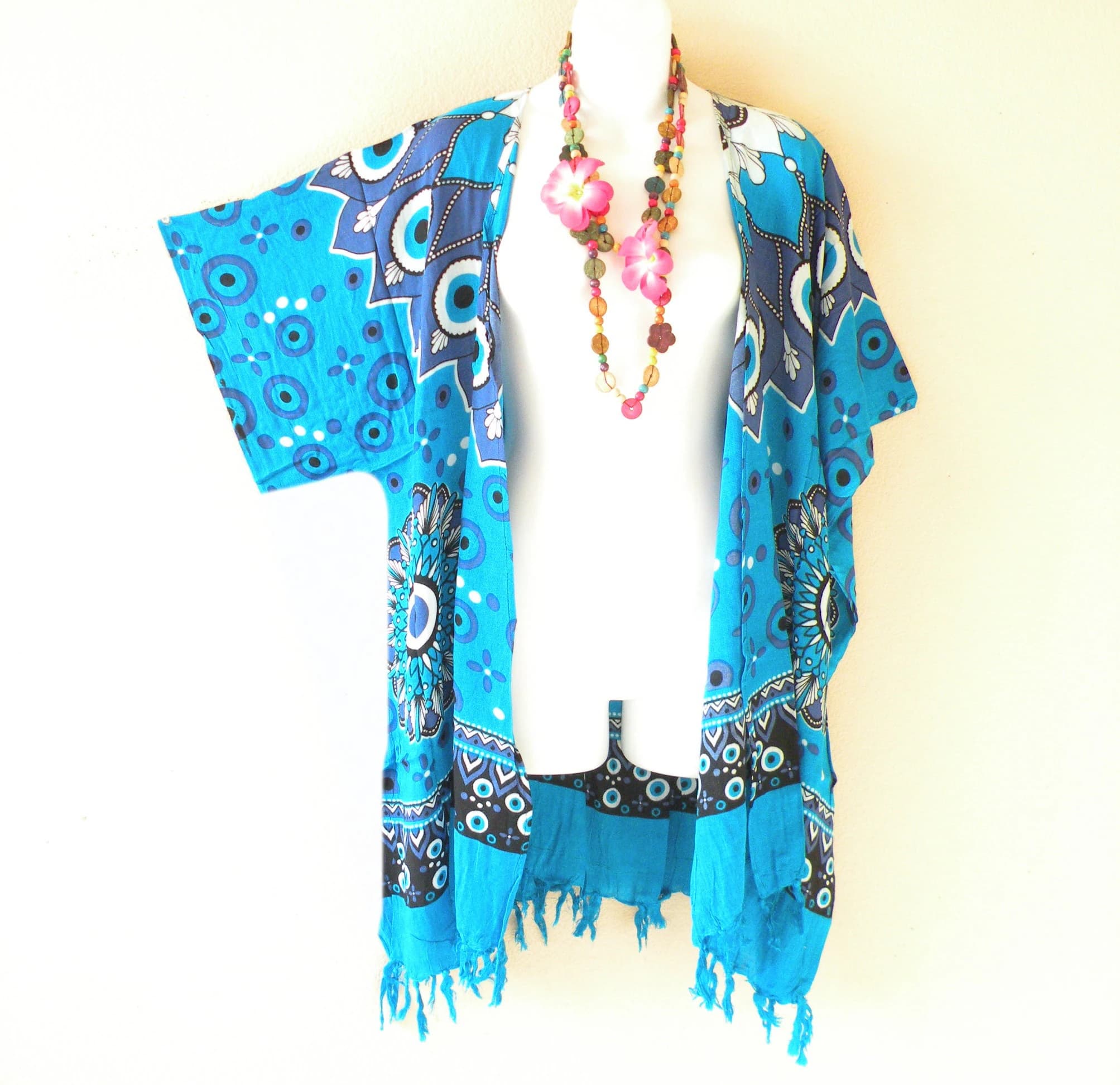 CG27  Blue Paisley Batik Plus Size Kaftan Kimono Cardigan Duster Jacket Beachwear Cover up - S, M, L, XL, 1X, 2X, 3X, 4X & 5X - image 4