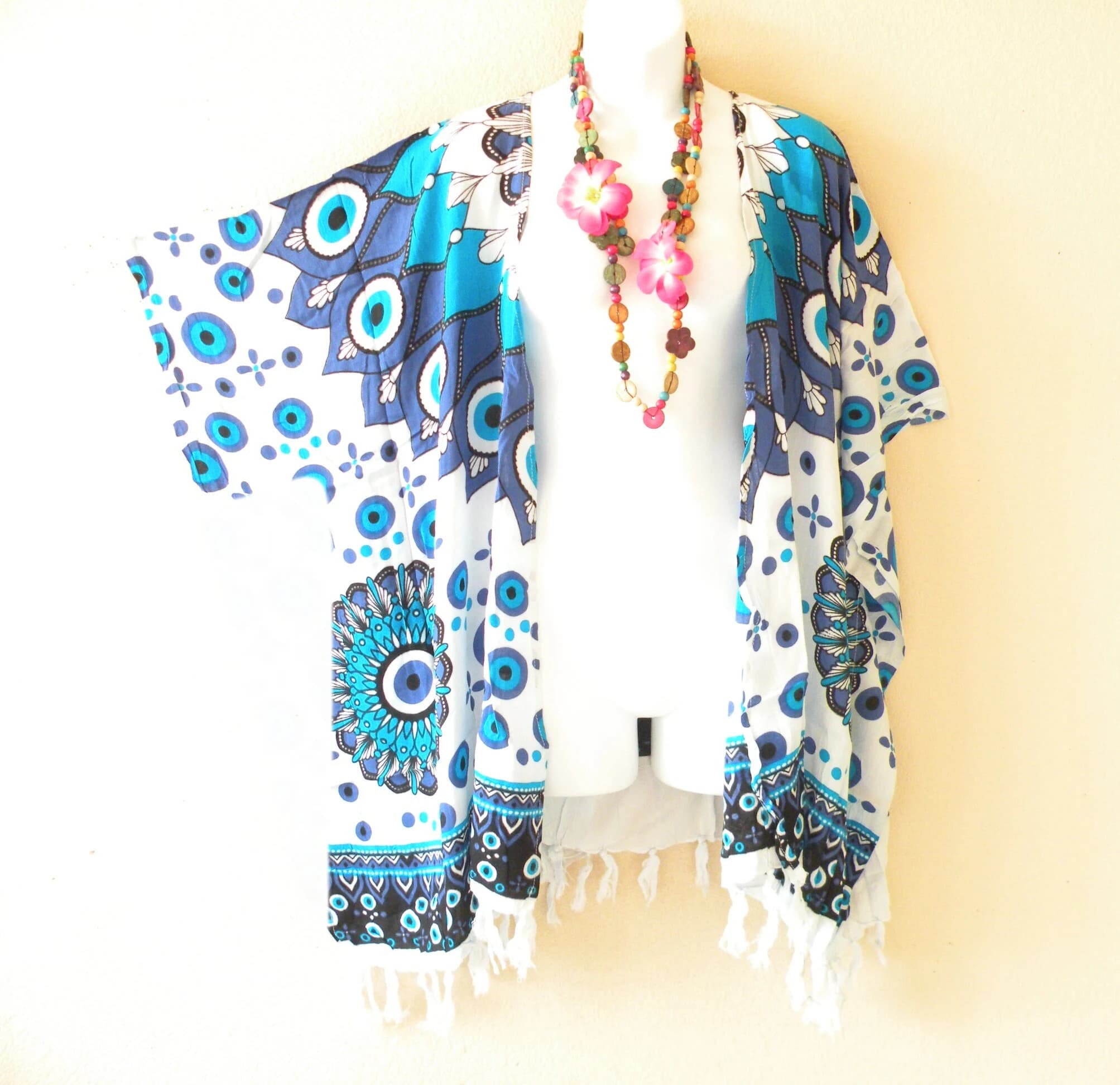 CG27  Blue Paisley Batik Plus Size Kaftan Kimono Cardigan Duster Jacket Beachwear Cover up - S, M, L, XL, 1X, 2X, 3X, 4X & 5X - image 3