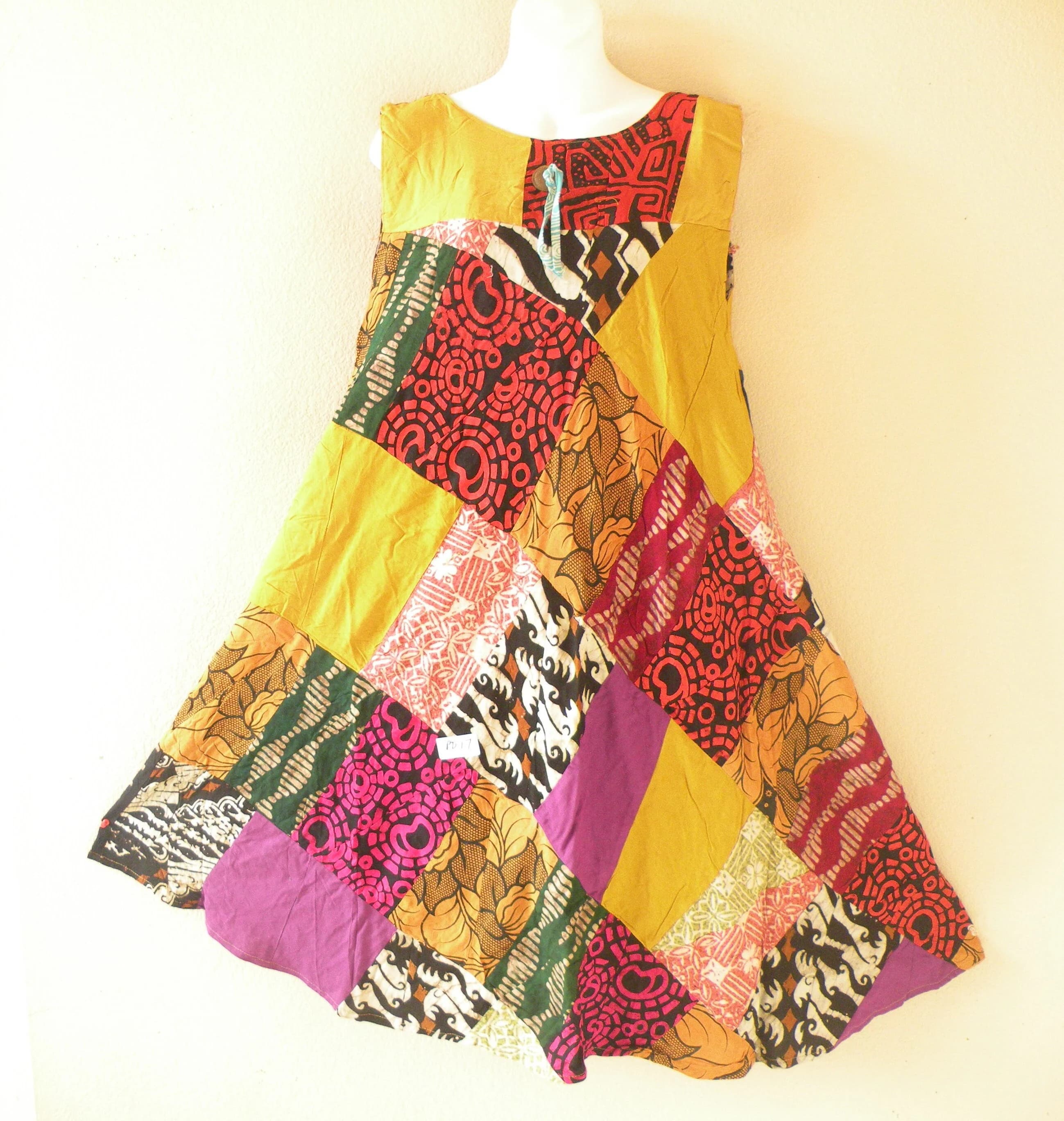 PD17 Batik Patchwork Boho Ethnic Traditional Women Beachwear Sleeveless Round Neck Boho Hippie Knee Length Asymmetrical Umbrella Midi Dress