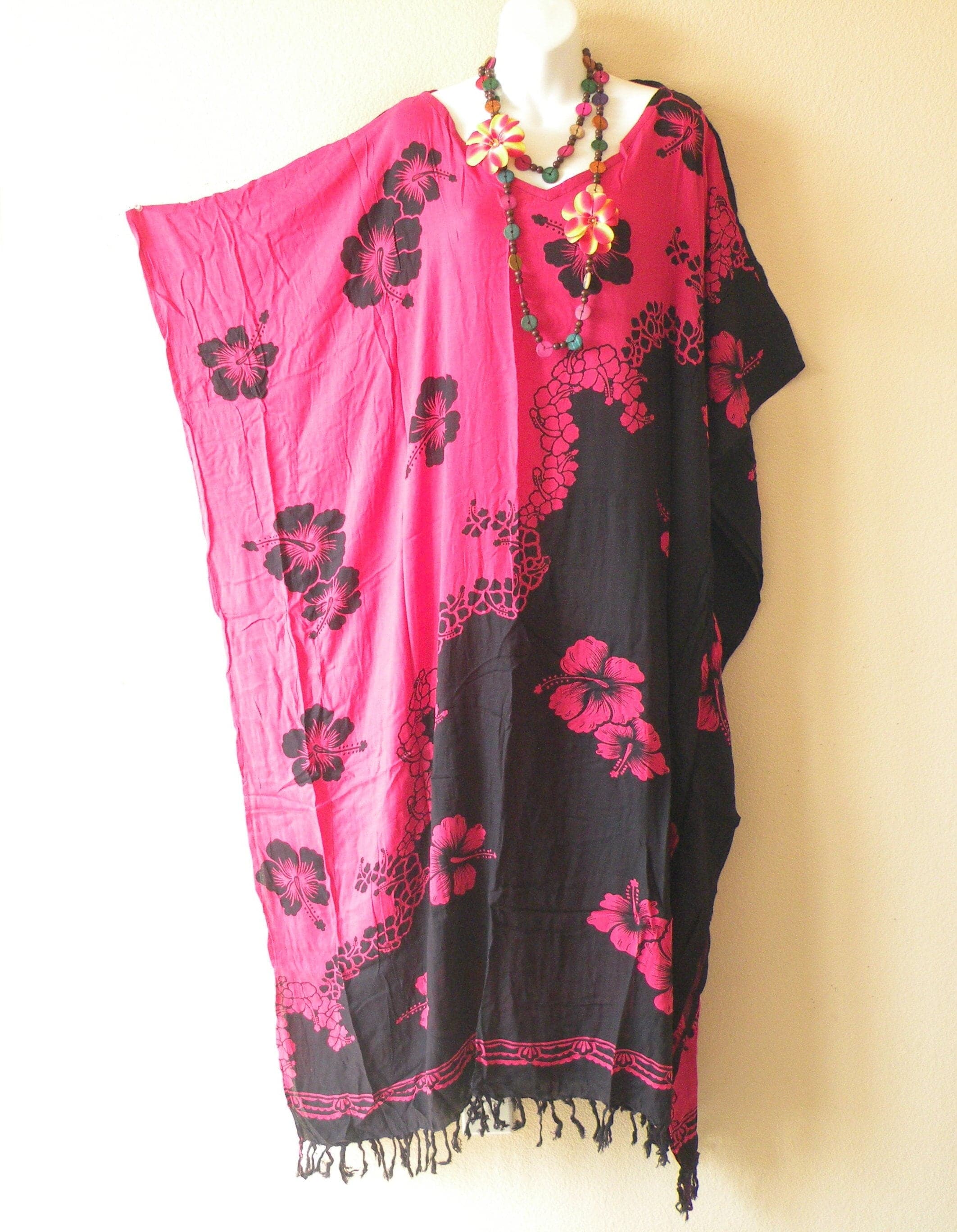 KG68 Floral Hibiscus Tropical Batik Plus Size Dolman Batwing Caftan Kaftan Tunic Hippy Maxi Long Dress - S, M, L, XL, 1X, 2X, 3X, 4X, 5X